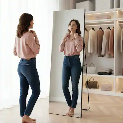 Front. Kadyn - 64x21 Inch Contemporary Frameless Full-Length Vertical LED Mirror - Black.