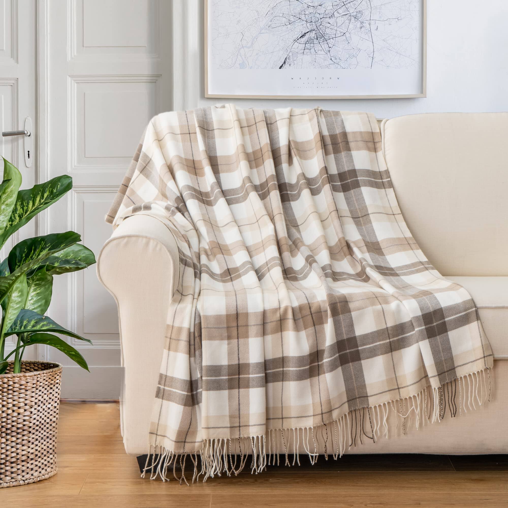 Left. Pacoar Cade - Fall Plaid Throw Blanket For Couch Farmhouse Checkered Decor Lightweight Beige Blankets Bed Sofa Neutral x What You - Grey&white.