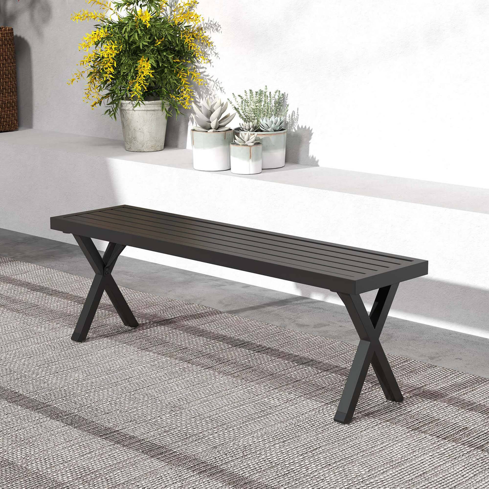 Alt View 2. Costway - Costway 1 PCS 54" Patio Metal Bench with Slatted Seat & X Legs Backless Loveseat for Yard - Black.