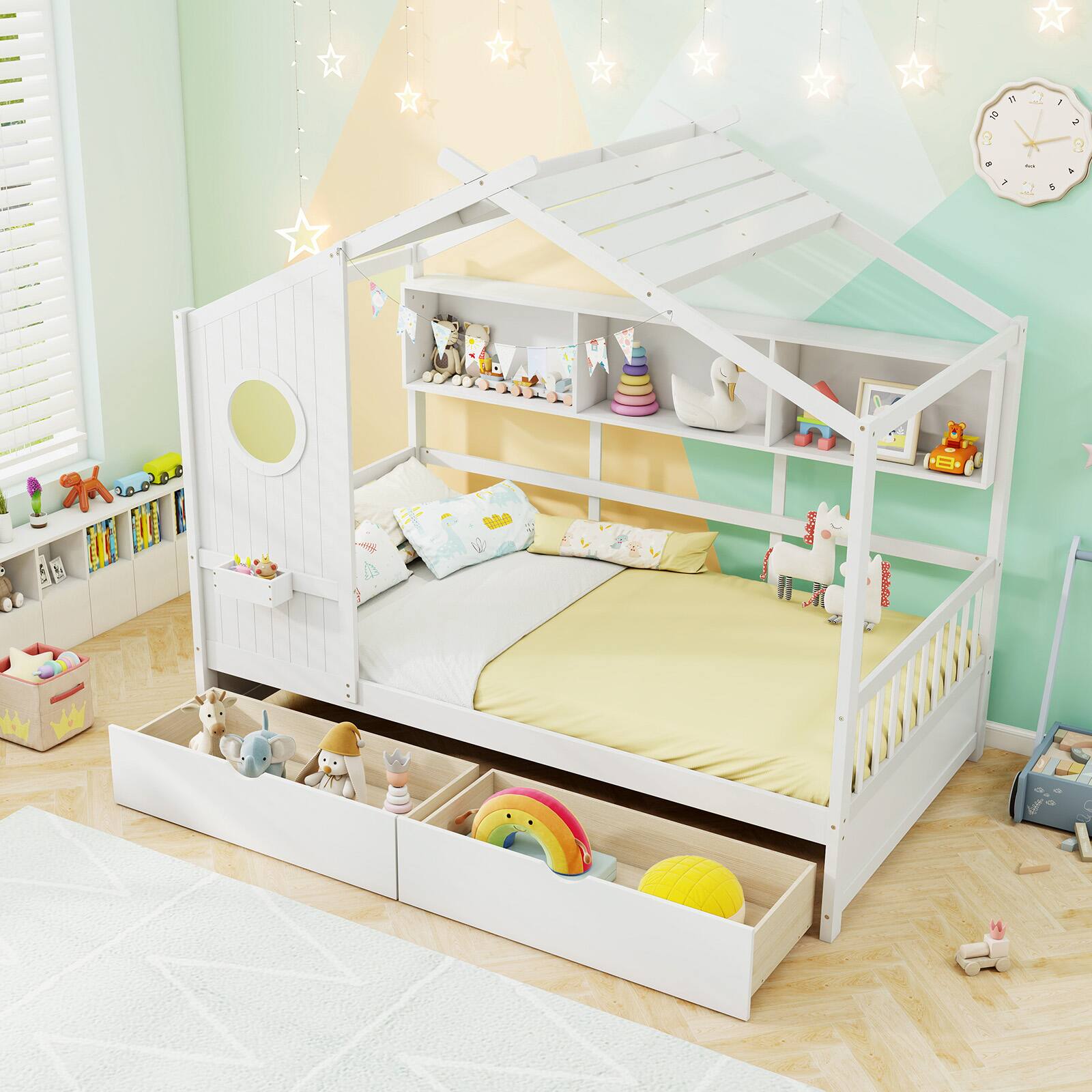 Alt View 9. Gymax - Gymax Twin Size House Bed Kids Bed Frame w/ 2 Storage Drawers & Fence Guardrails White - White.