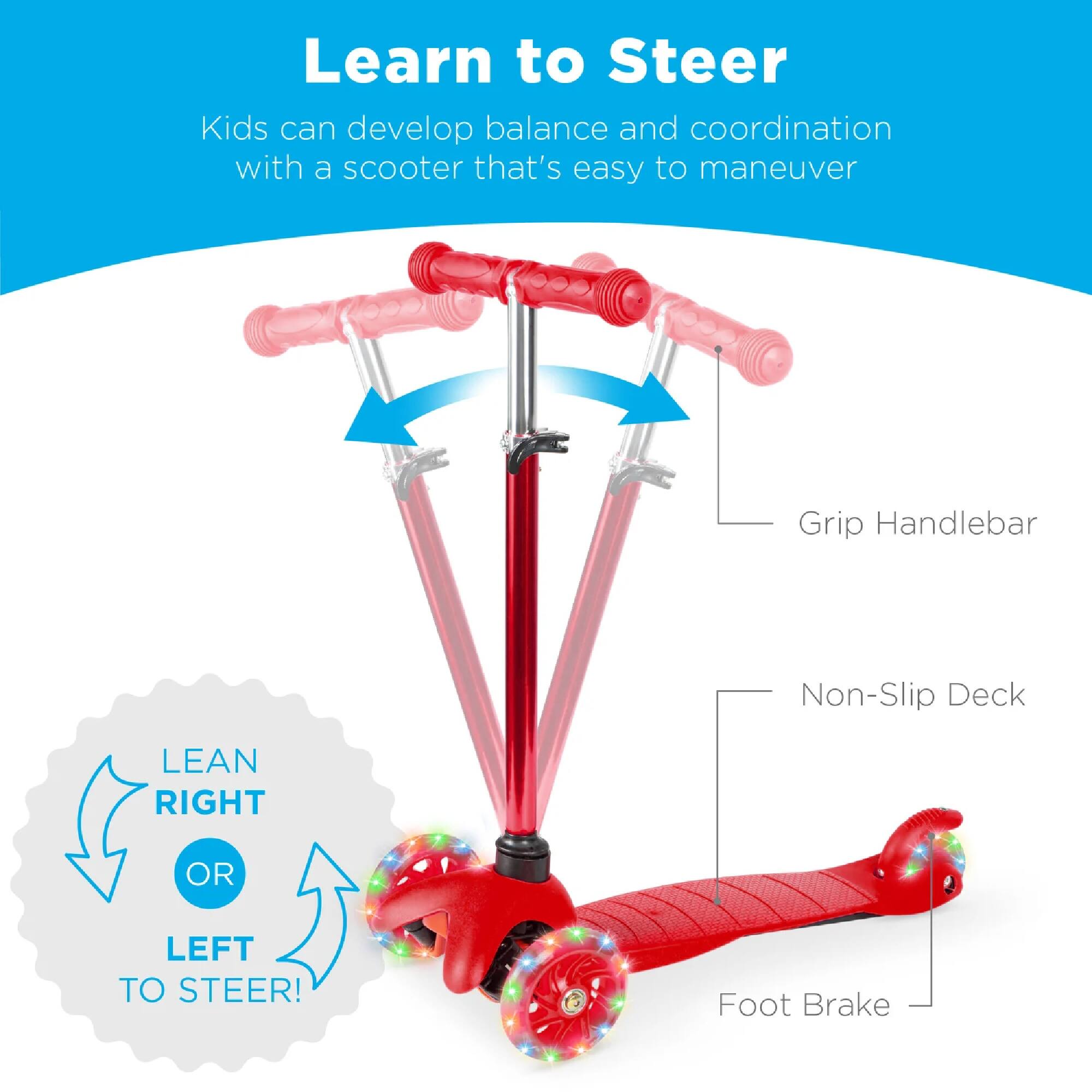 Learn to Steer

Kids can develop balance and coordination with a scooter that's easy to maneuver

Grip Handlebar

Non-Slip Deck

Foot Brake

LEAN RIGHT OR LEFT TO STEER!