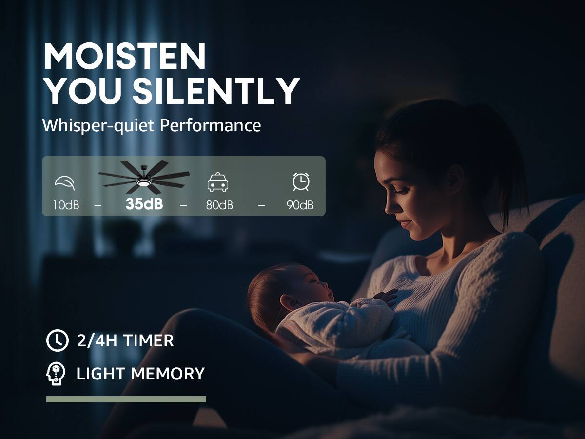 MOISTEN YOU SILENTLY

Whisper-quiet Performance

10dB - 35dB - 80dB - 90dB

2/4H TIMER

LIGHT MEMORY