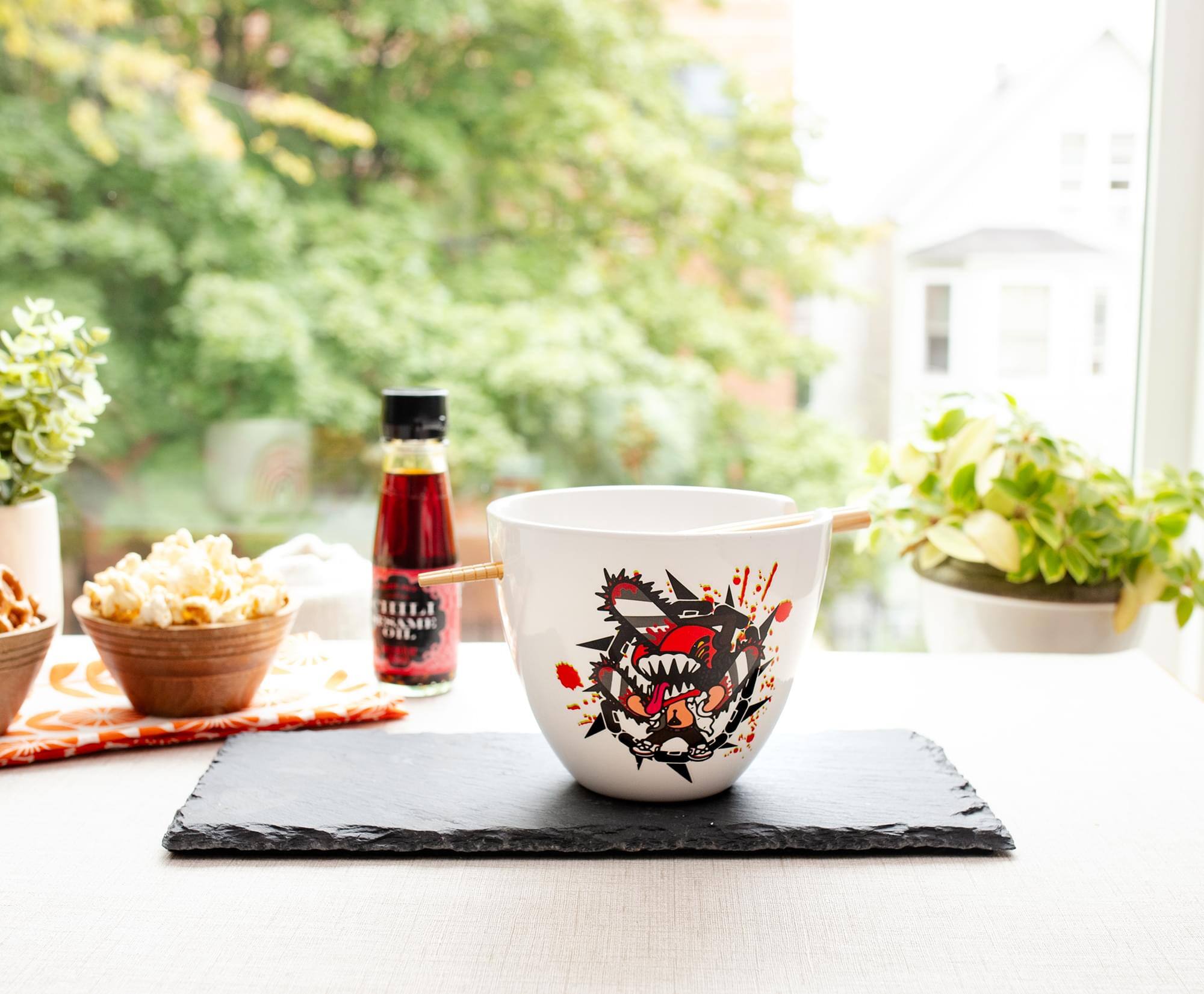 Alt View 2. Just Funky - Chainsaw Man 16-Ounce Ceramic Ramen Bowl and Chopstick Set - White/Red.