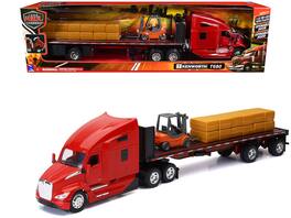 Kenworth T680 Truck Red and Flatbed Trailer with Forklift and Hay Load "Long Haul Trucker" Series 1/32 Model by New Ray
