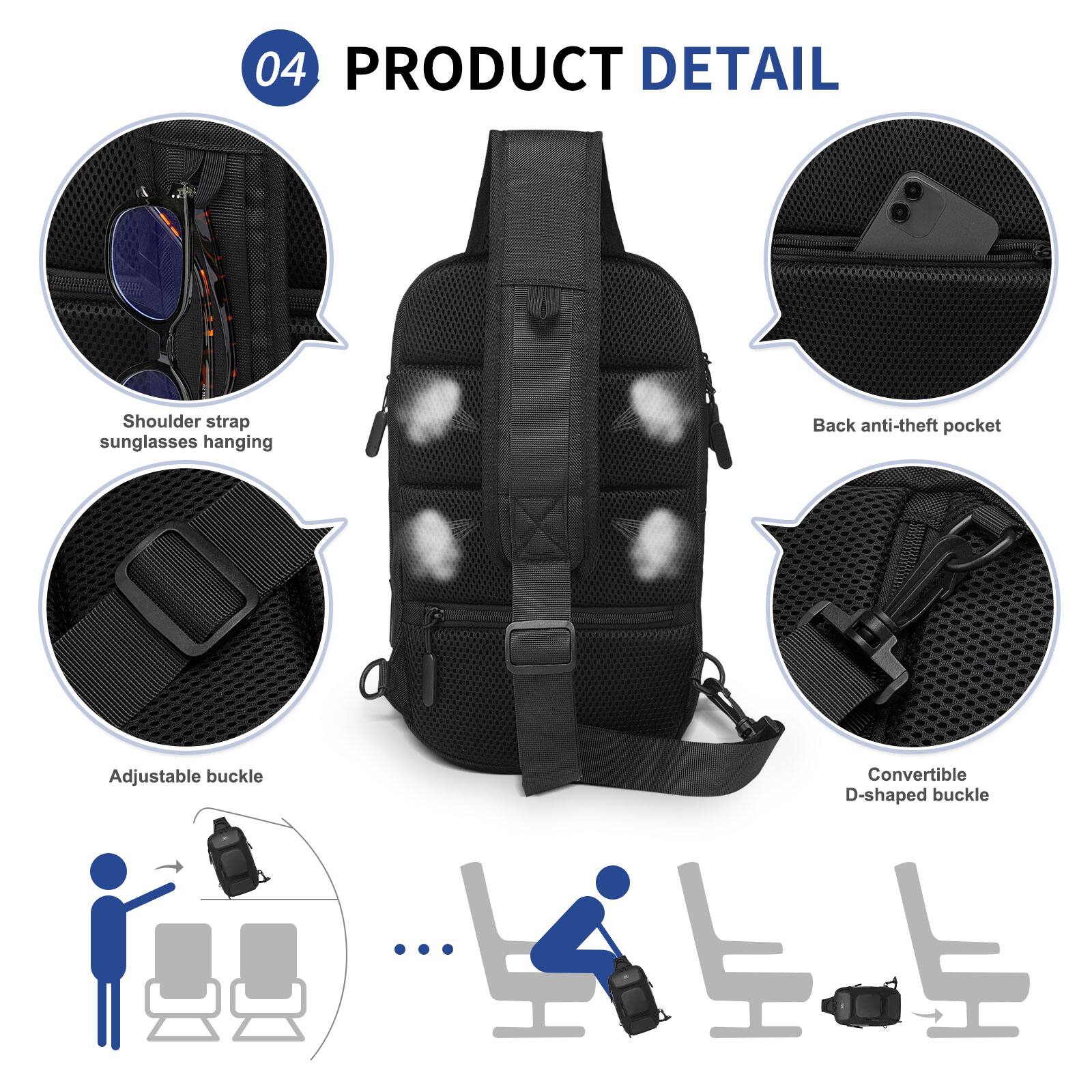 04 PRODUCT DETAIL

- Shoulder strap sunglasses hanging
- Back anti-theft pocket
- Adjustable buckle
- Convertible D-shaped buckle