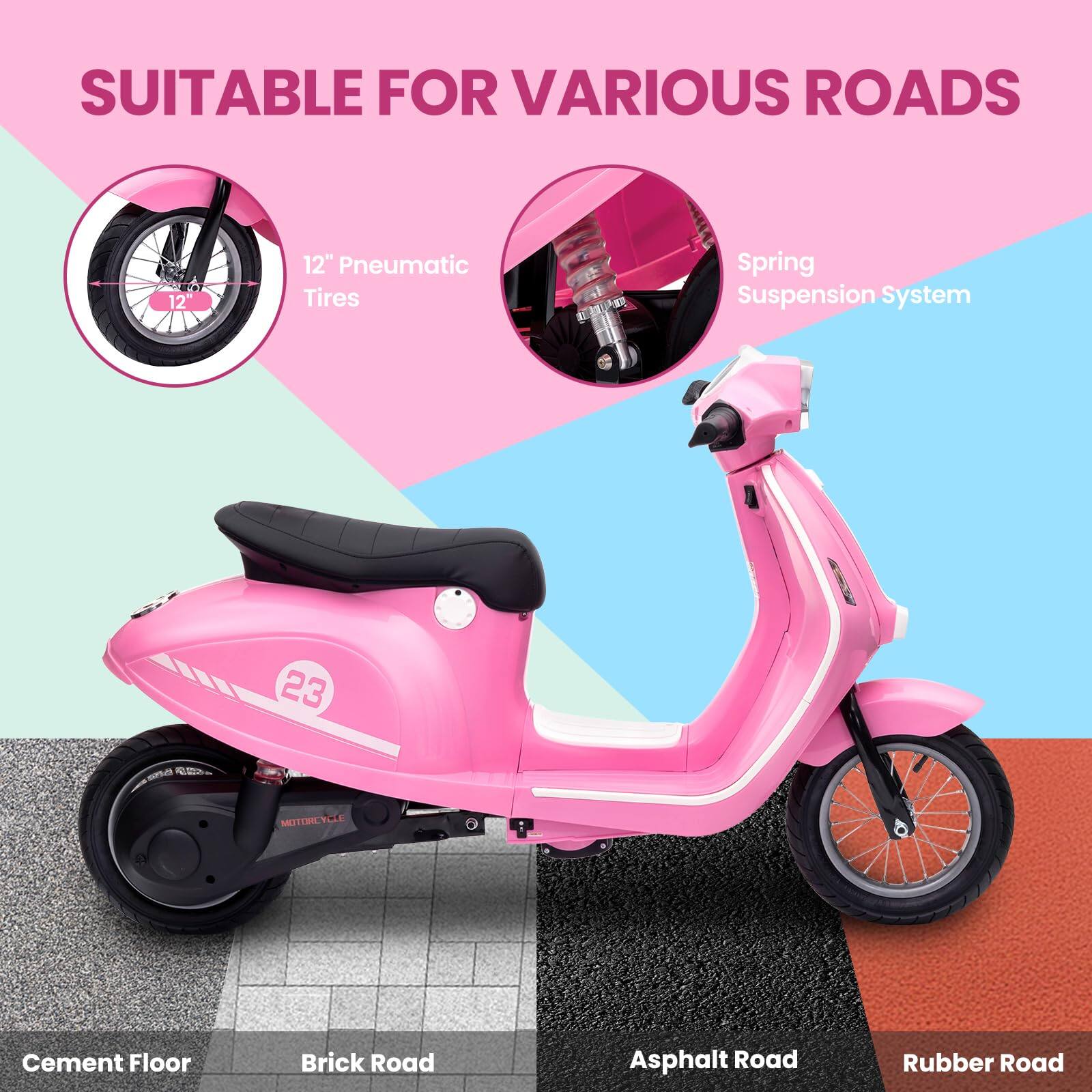 SUITABLE FOR VARIOUS ROADS

12" Pneumatic Tires

Spring Suspension System

Cement Floor

Brick Road

Asphalt Road

Rubber Road