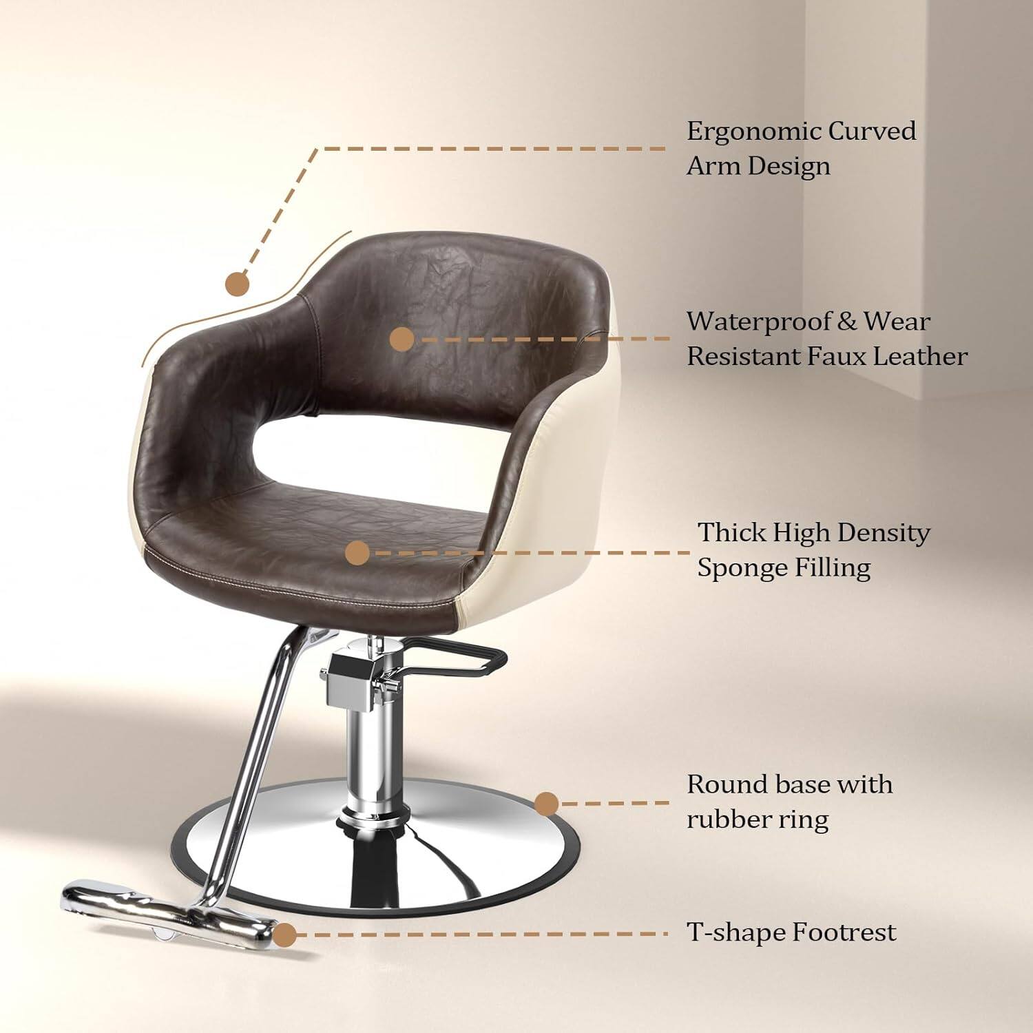 Ergonomic Curved Arm Design  
Waterproof & Wear Resistant Faux Leather  
Thick High Density Sponge Filling  
Round base with rubber ring  
T-shape Footrest