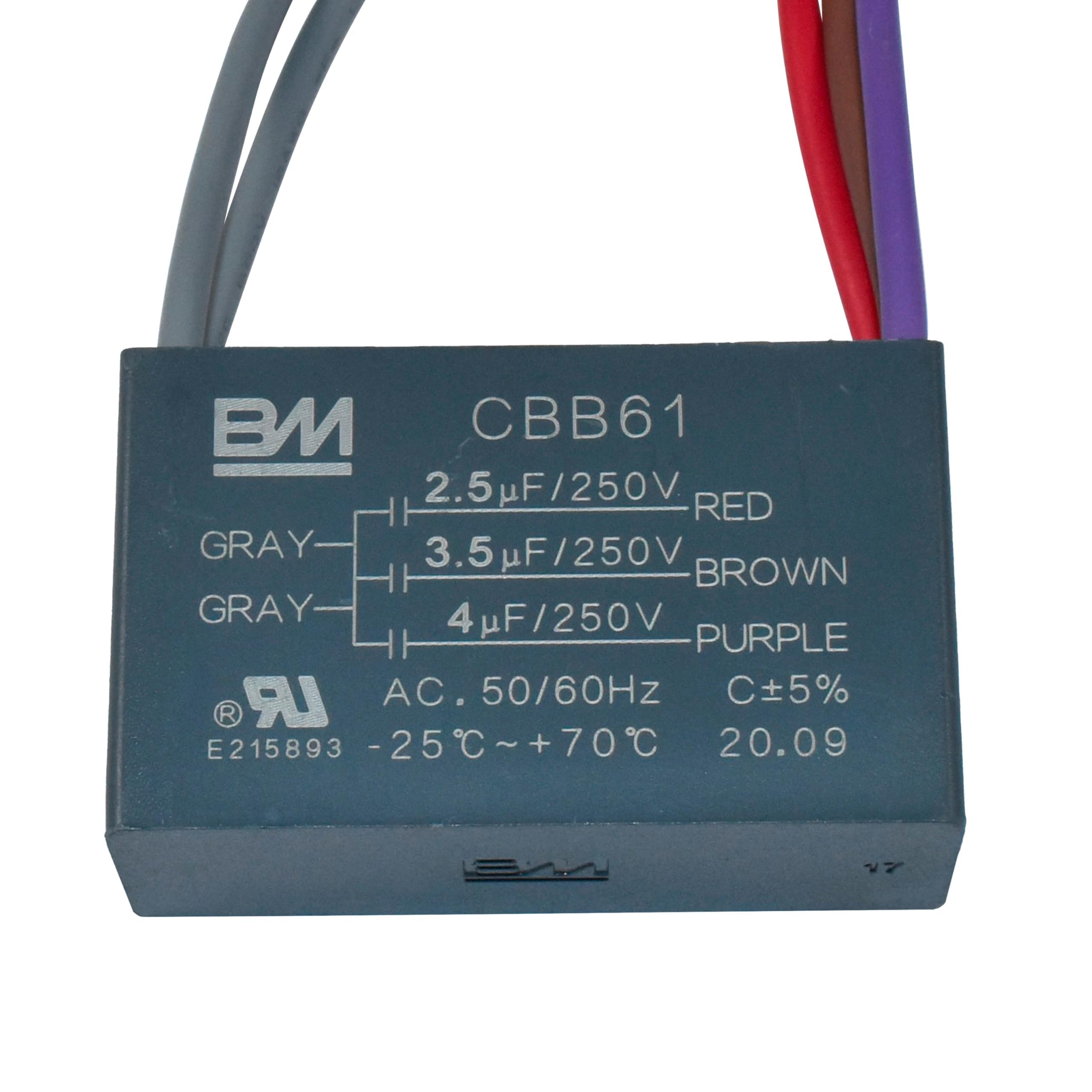 BM CBB61  
2.5 µF/250V RED  
3.5 µF/250V BROWN  
4 µF/250V PURPLE  
GRAY  
GRAY  
AC 50/60Hz  
C ±5%  
E215893  
-25°C ~ +70°C  
20.09  
V7