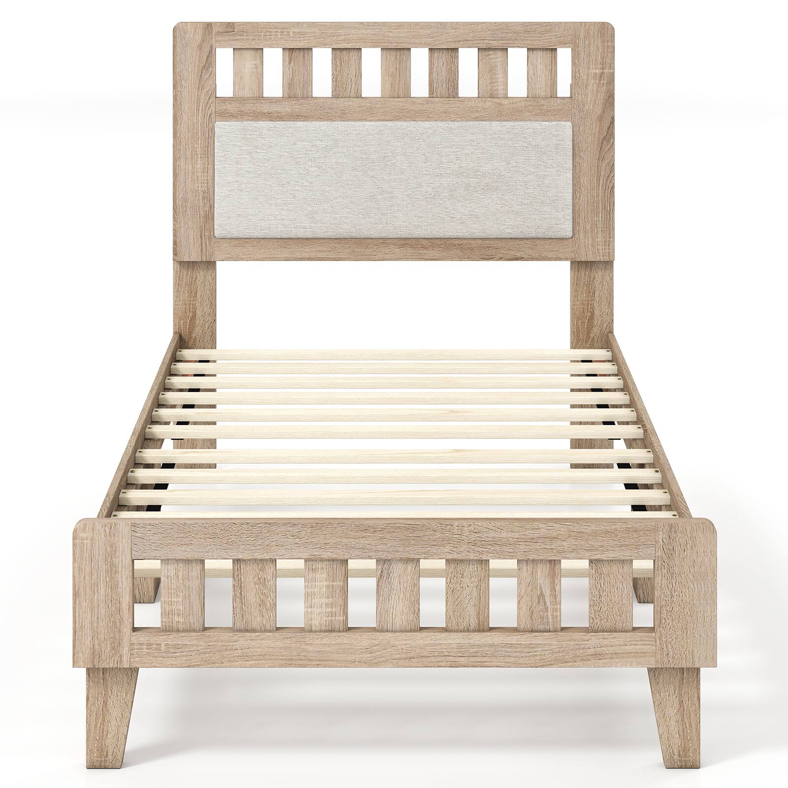 Alt View 9. Gymax - Gymax Twin Wood Bed Frame w/Upholstered Headboard No Box Spring Needed Rustic Oak & Beige - Yellow.