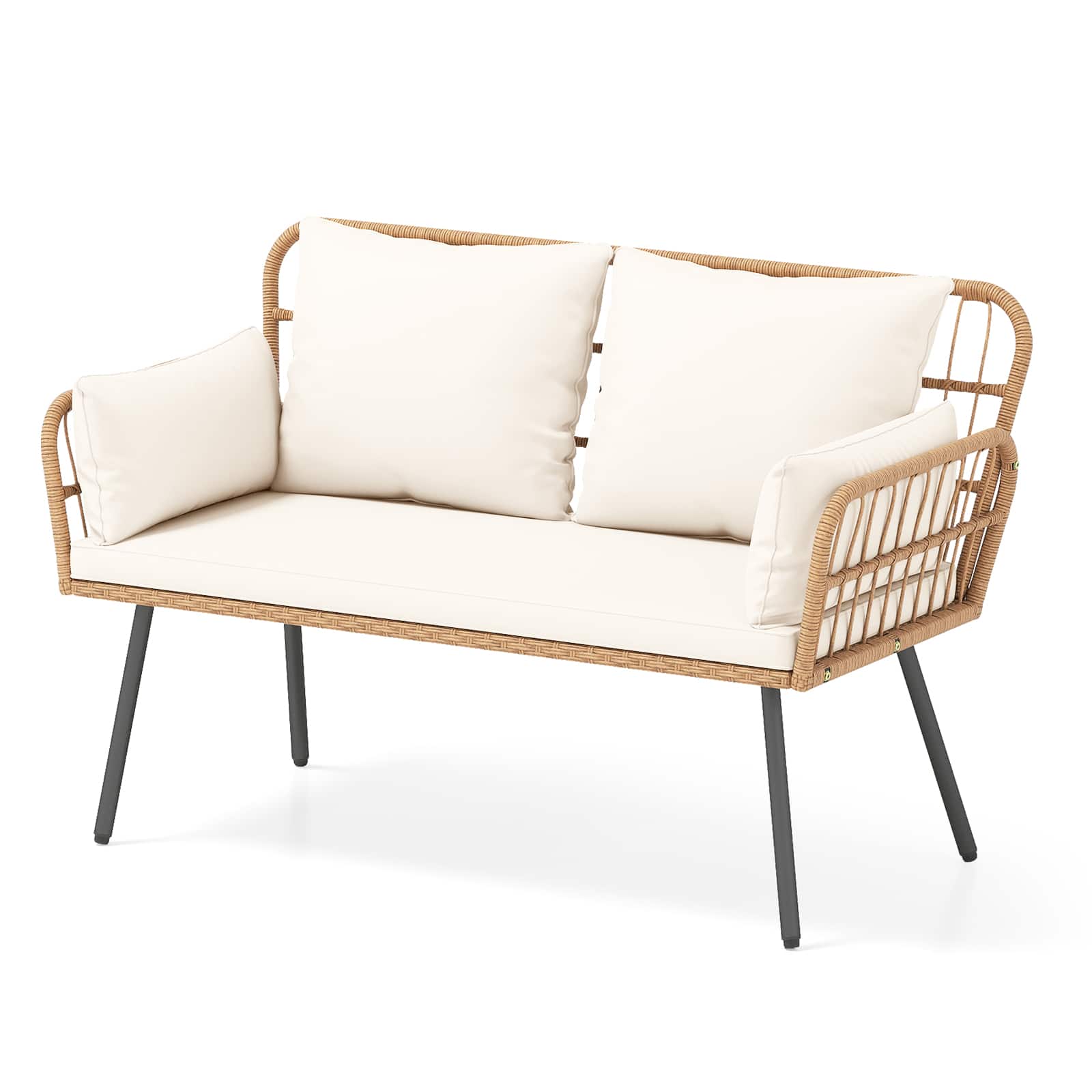 Gymax - Patio Wicker Loveseat Furniture w/Seat Back Cushions Heavy-Duty Metal Legs Outdoor White - White
