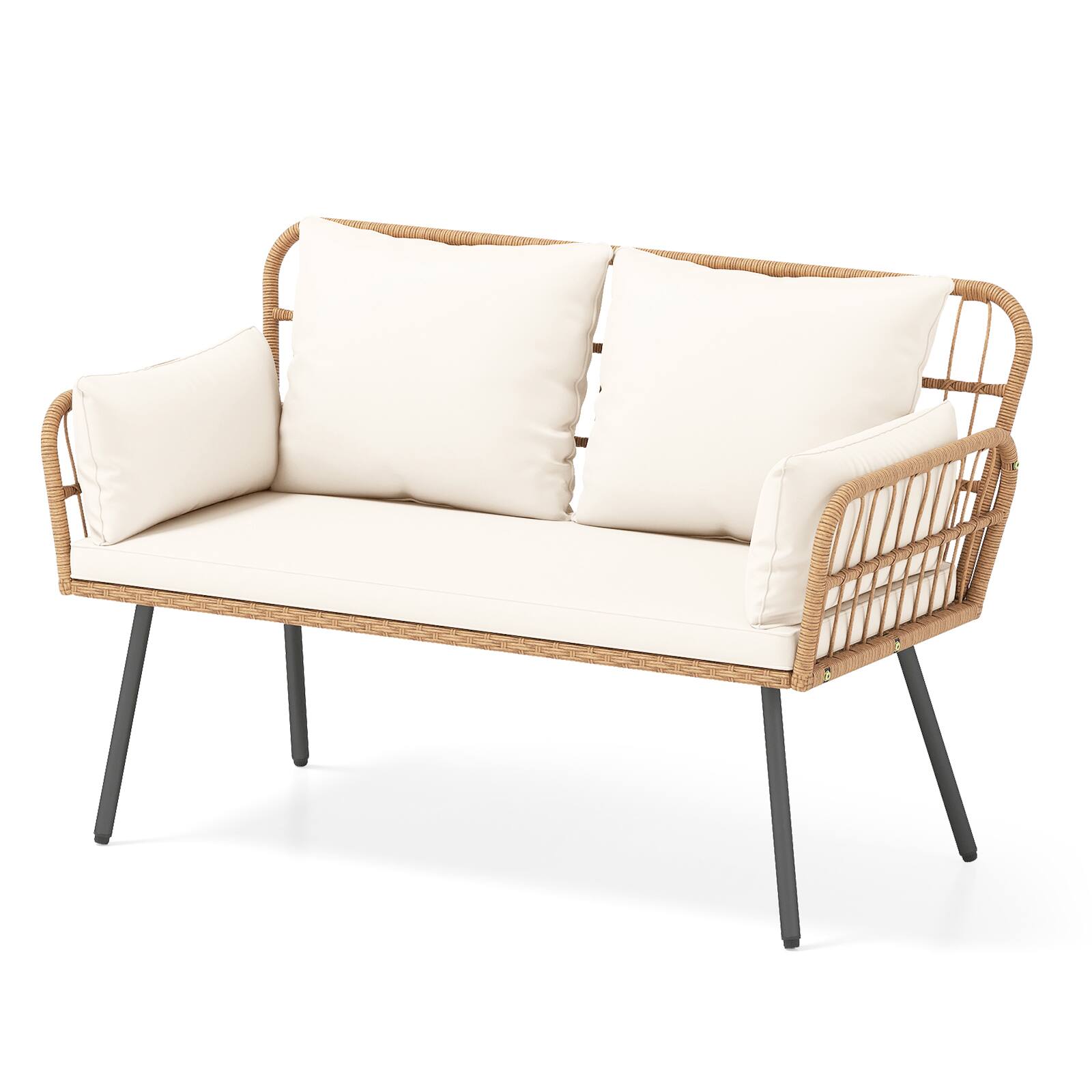 Gymax - Patio Wicker Loveseat Furniture w/Seat Back Cushions Heavy-Duty Metal Legs Outdoor White - White