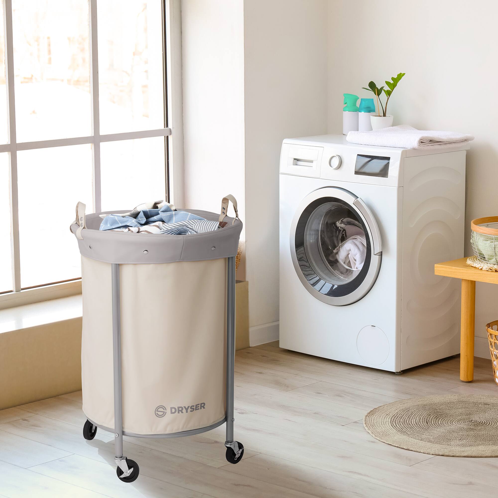 Alt View 6. Dryser - Commercial Round Rolling Canvas Bin Laundry Hamper on Wheels - White.