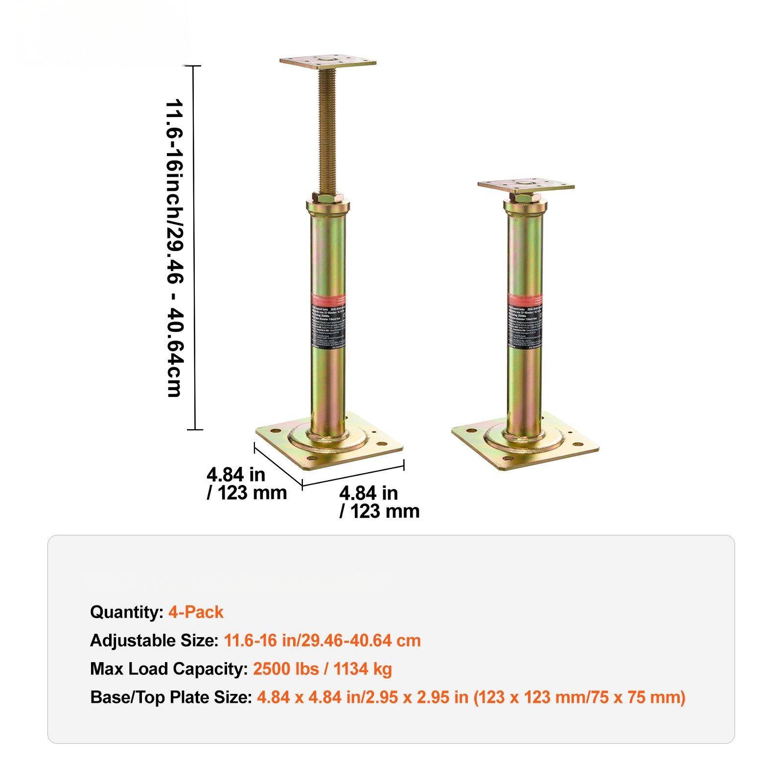 - Quantity: 4-Pack
- Adjustable Size: 11.6-16 in / 29.46-40.64 cm
- Max Load Capacity: 2500 lbs / 1134 kg
- Base/Top Plate Size: 4.84 x 4.84 in / 2.95 x 2.95 in (123 x 123 mm / 75 x 75 mm)