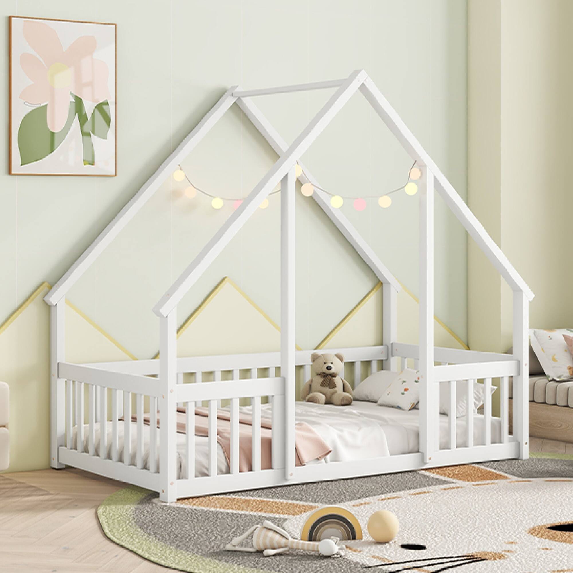 Alt View 10. GOODSILO - House-Shaped Twin Floor Bed with Safety Fence and Guardrails for Children's Playful Sleep Space - White.