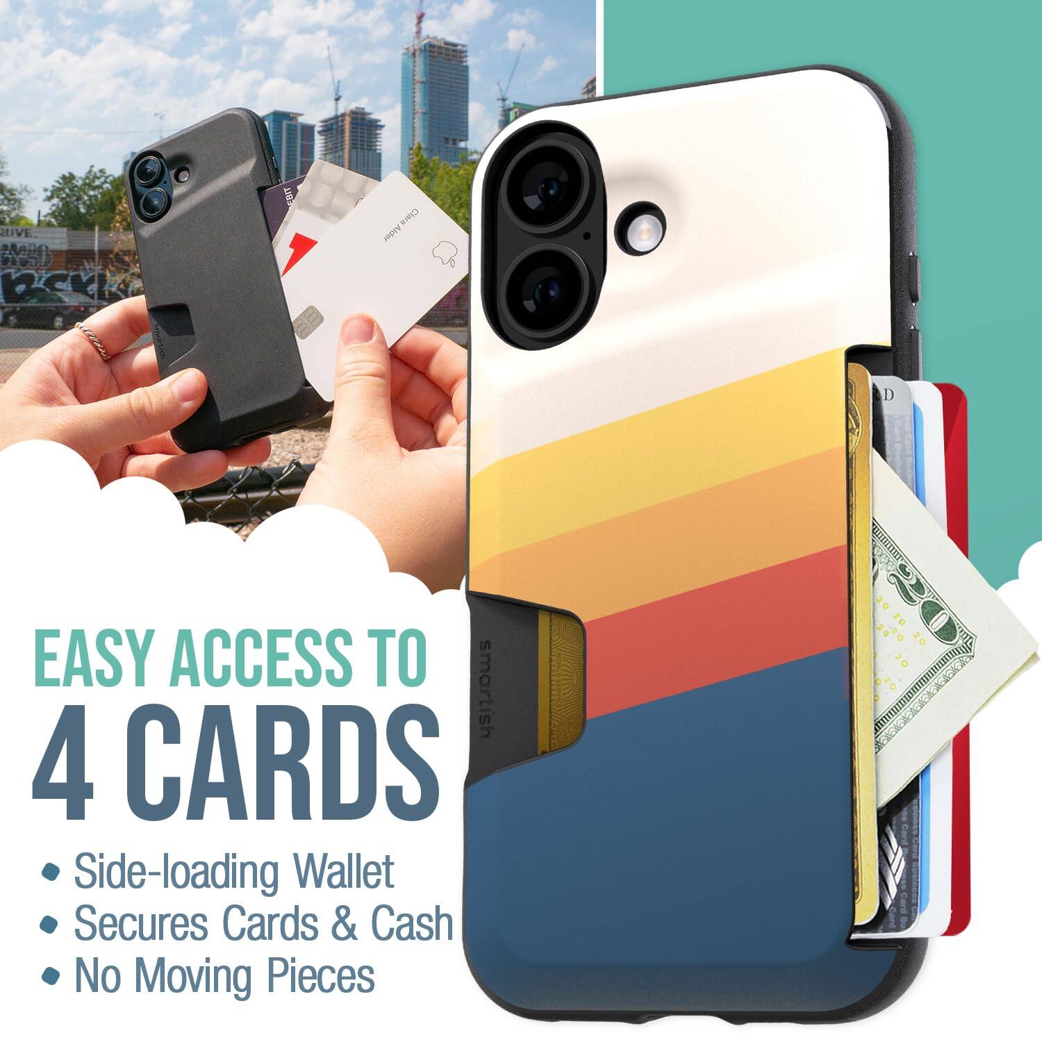 EASY ACCESS TO 4 CARDS

- Side-loading Wallet
- Secures Cards & Cash
- No Moving Pieces