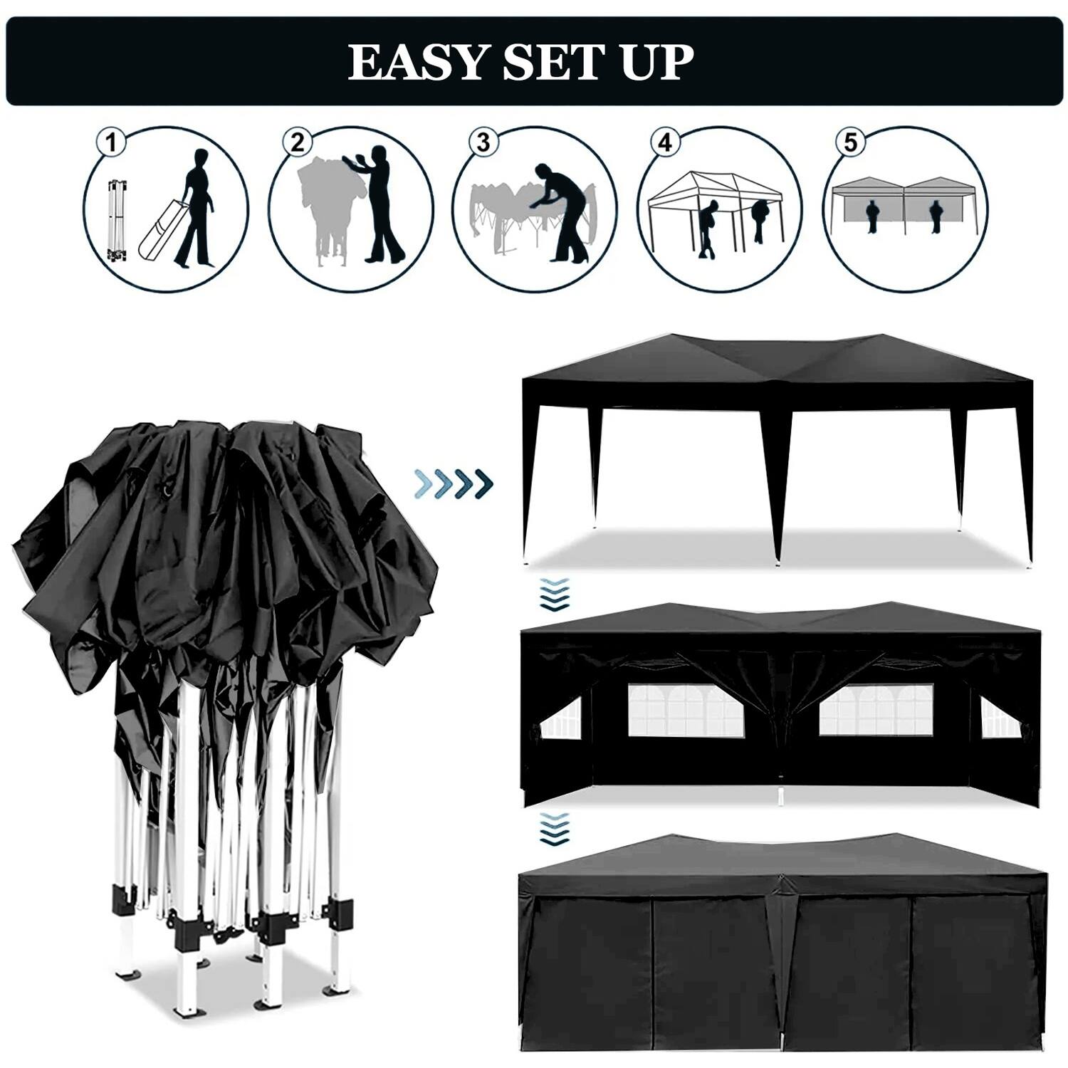 EASY SET UP

1. Unfold the tent.
2. Assemble the frame.
3. Attach the frame to the tent.
4. Secure the tent.
5. Enjoy your event.