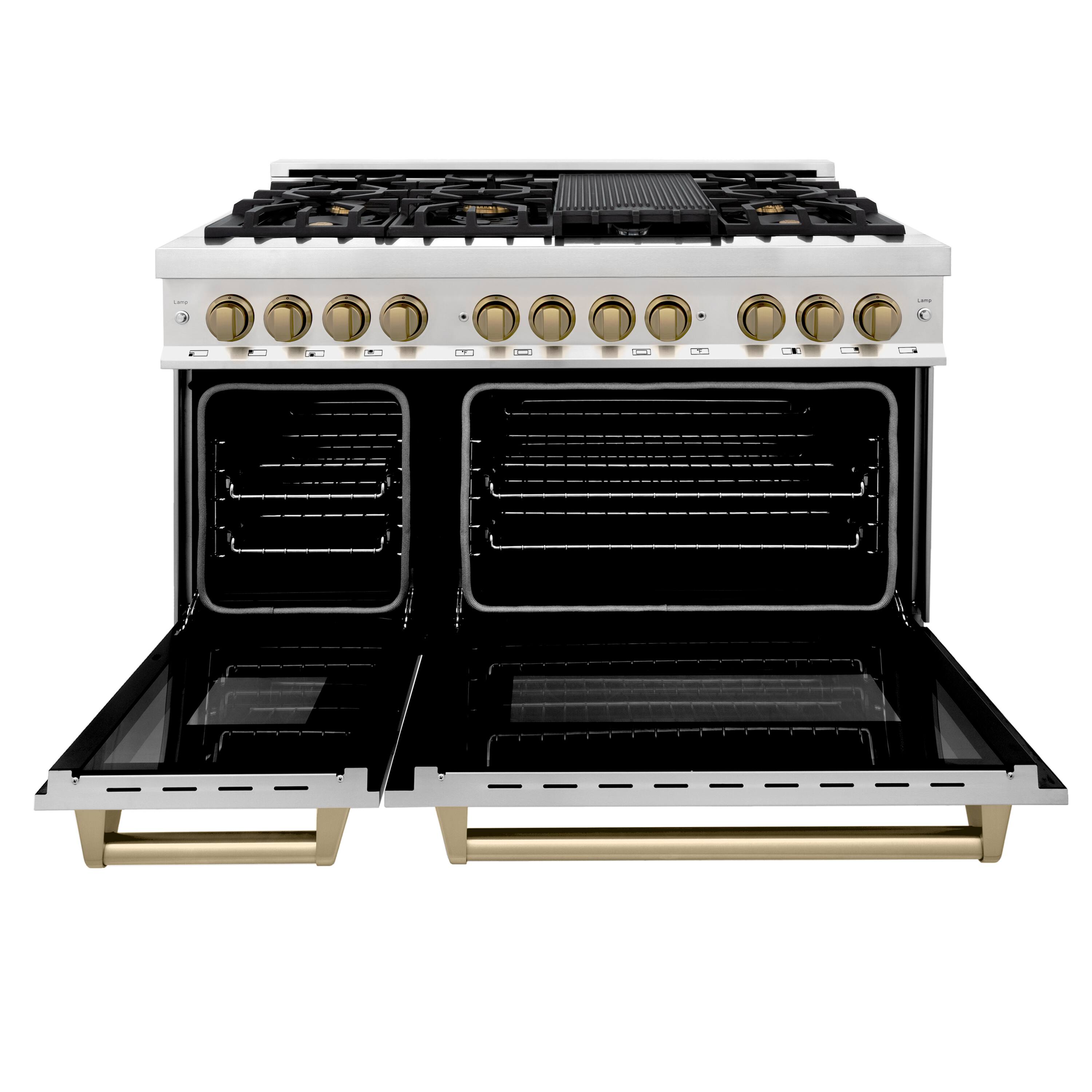 Angle. ZLINE - Autograph 48 in. 6.0 cu. ft. Legacy Freestanding Dual Fuel Range with  6 Burners & Convection Oven w/ Bronze Accents - Stainless steel.