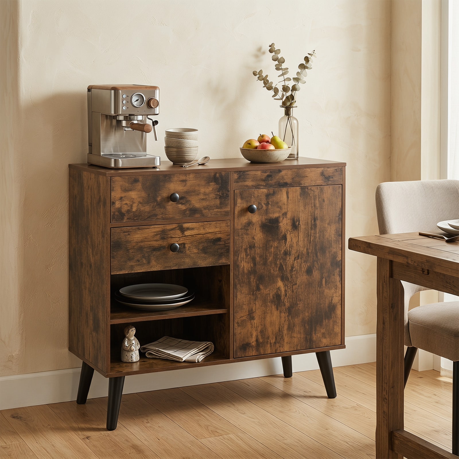 Costway - 31" Sideboard Credenza Buffet Cabinet with Storage & 2 Open Compartments - Rustic Brown
