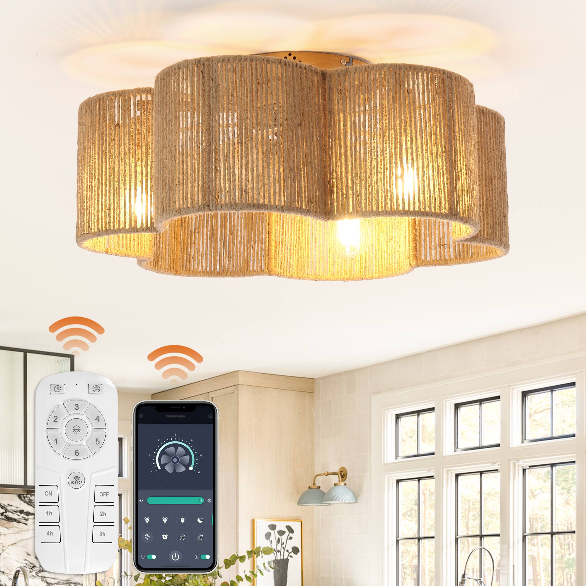 Parrot Uncle - 21" Boho Chic Natural Rope Smart Ceiling Fan Flush Mount with Remote and App - Gold