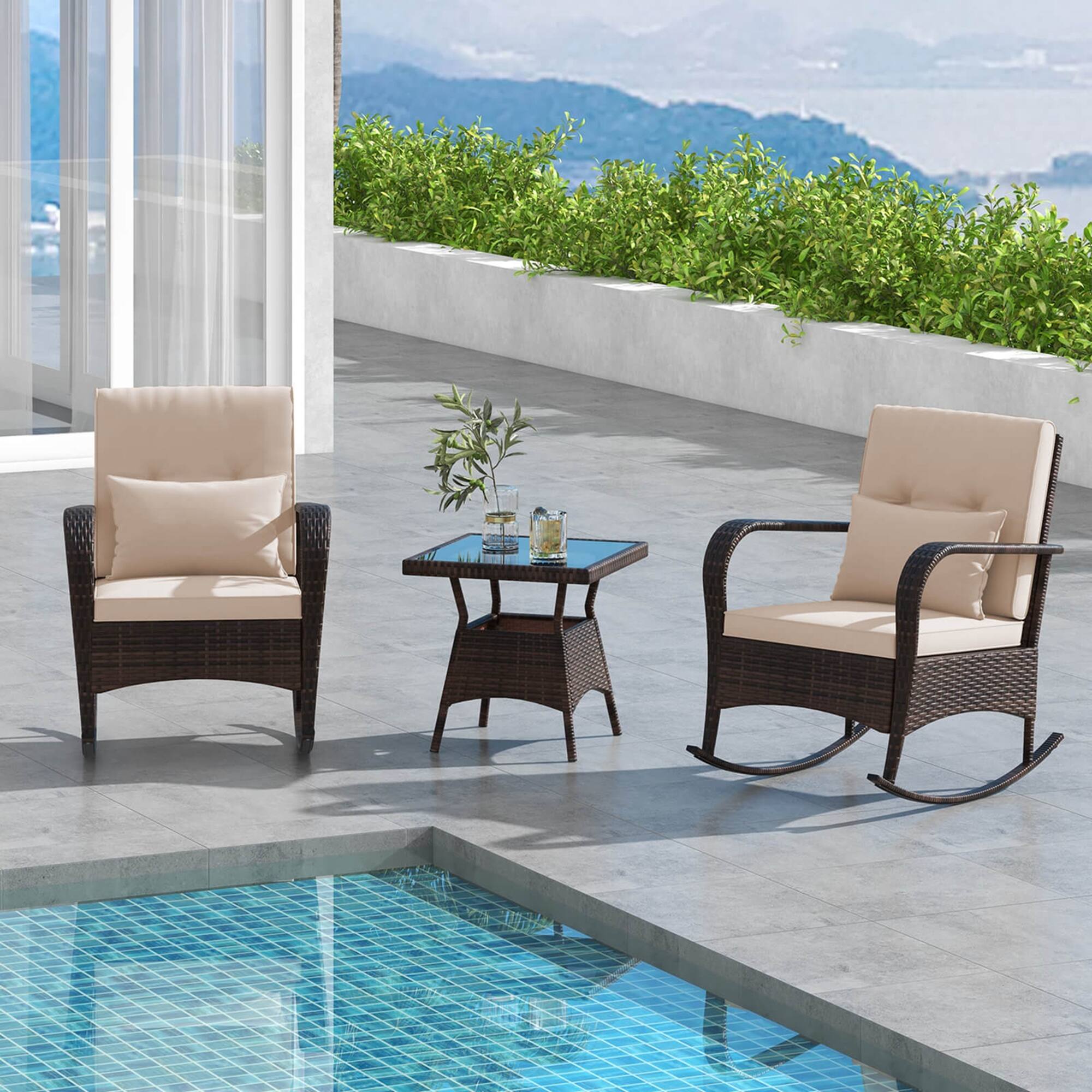 Alt View 4. Costway - Costway 3 PCS Rocking Bistro Set with Removable Cushions & Tempered Glass Top Table - Brown.