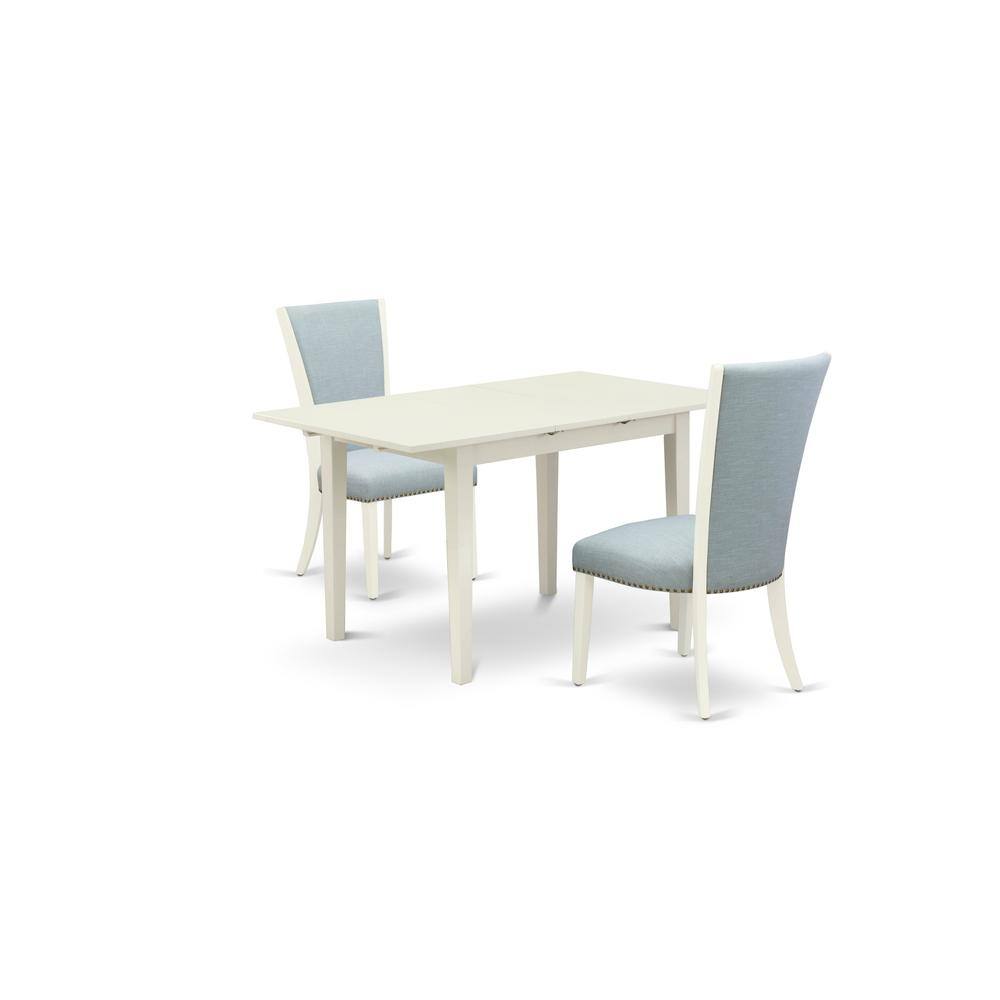 Left. East West Furniture - East-West Furniture NFVE3-LWH-15 - A dining table set of two amazing kitchen chairs with Linen Fabric Baby Blue color - Linen White.