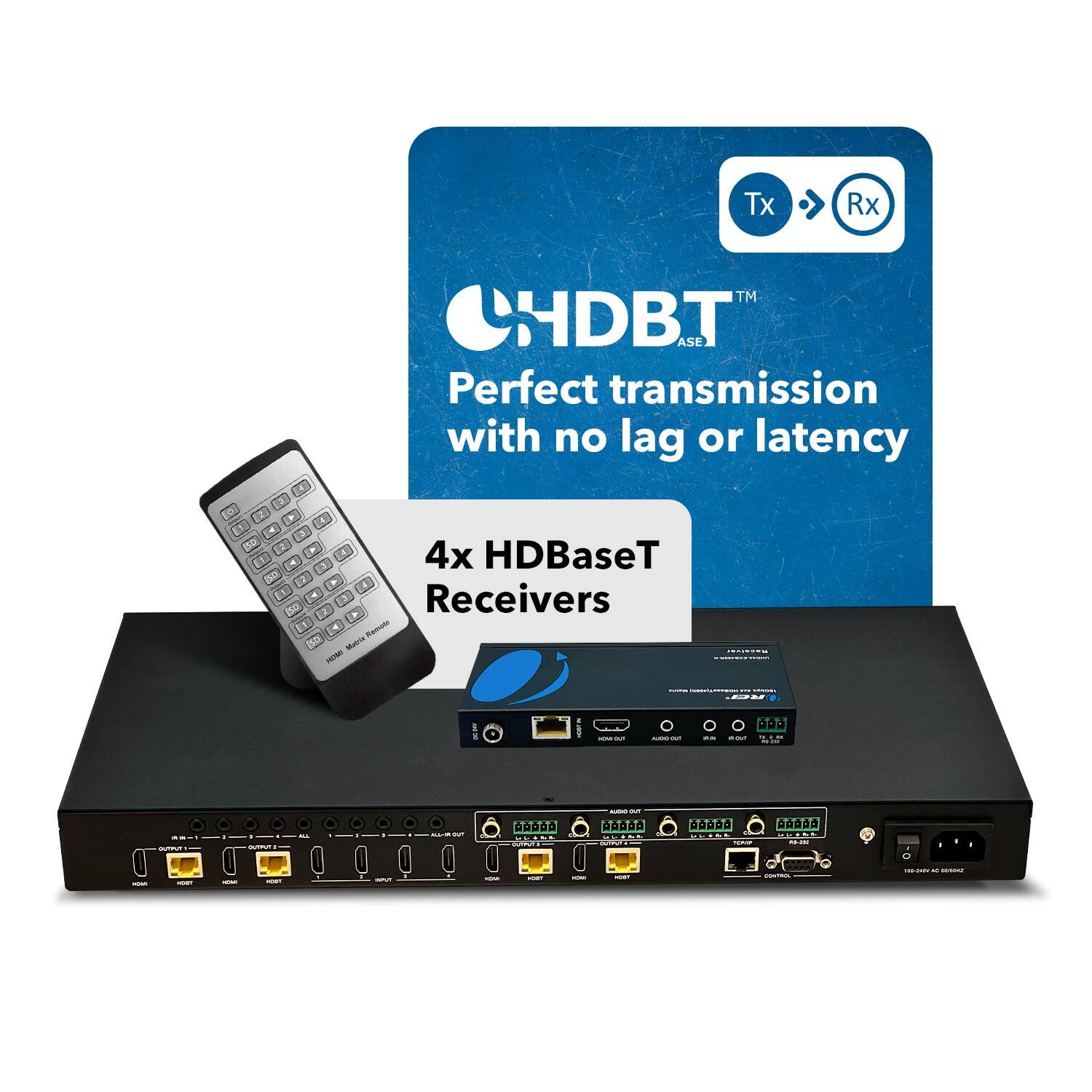 Tx Rx TM HDB.T ASE Perfect transmission with no lag or latency 4x HDBaseT Receivers