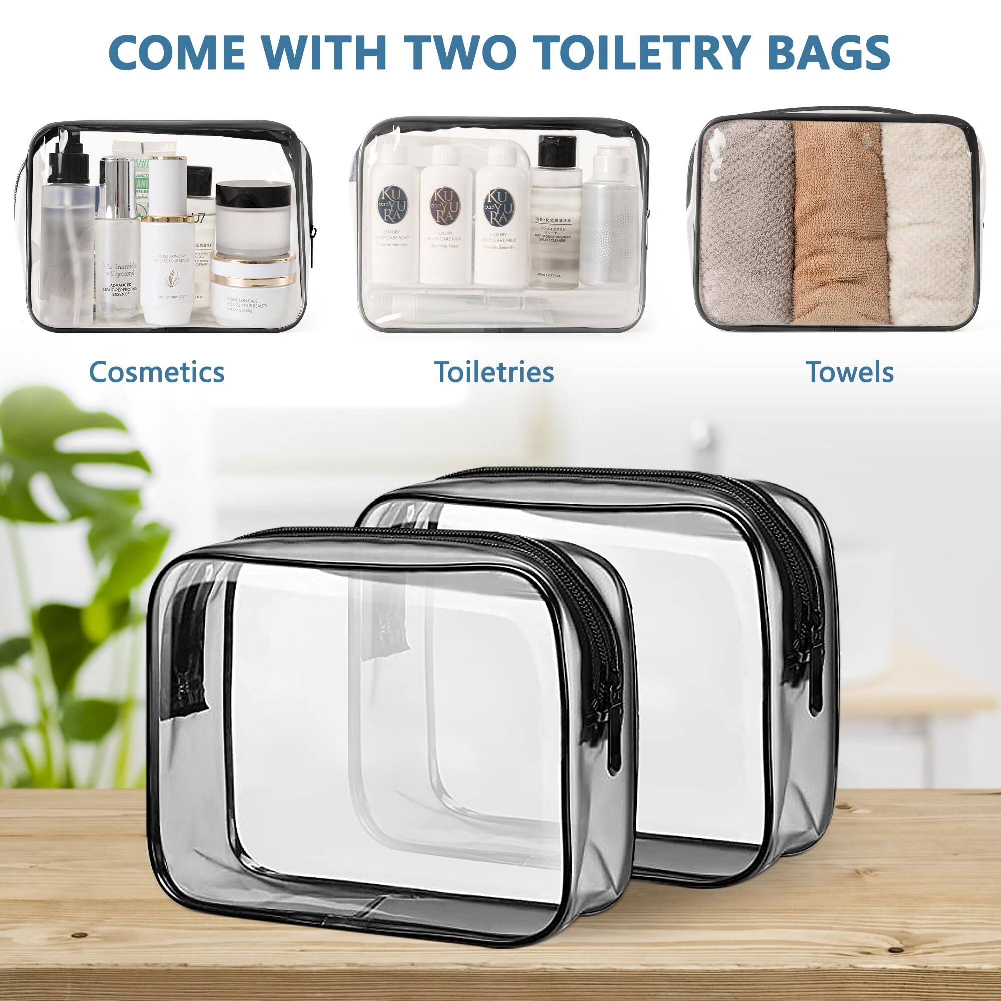 COME WITH TWO TOILETRY BAGS

Cosmetics  
Toiletries  
Towels