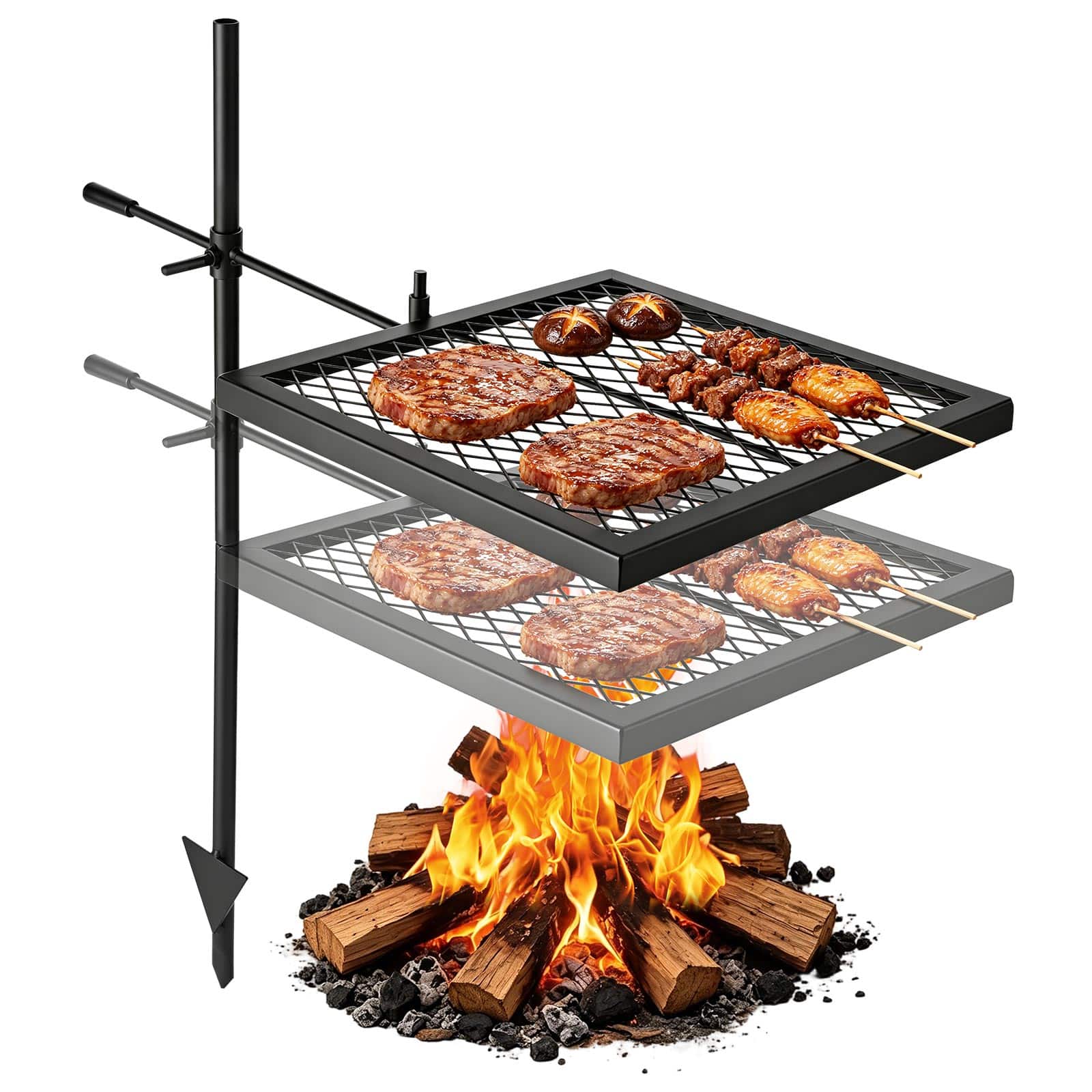 VEVOR - Heavy Duty Swivel Campfire Grill, 16" Portable Camping Grill Grate, Sturdy Steel BBQ Mesh, 360° Height Adjustable Over - Black