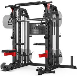 Pooboo - Multi-Function Smith Machine 2000LB Power Cage, Home Gym Squat Rack Featuring LAT Pulldown, Dual Pulley Cable Crossover - Black