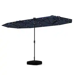 Costway - 13FT Double-sided Patio Umbrella with Solar Lights Crank Handle Umbrella Base - Navy