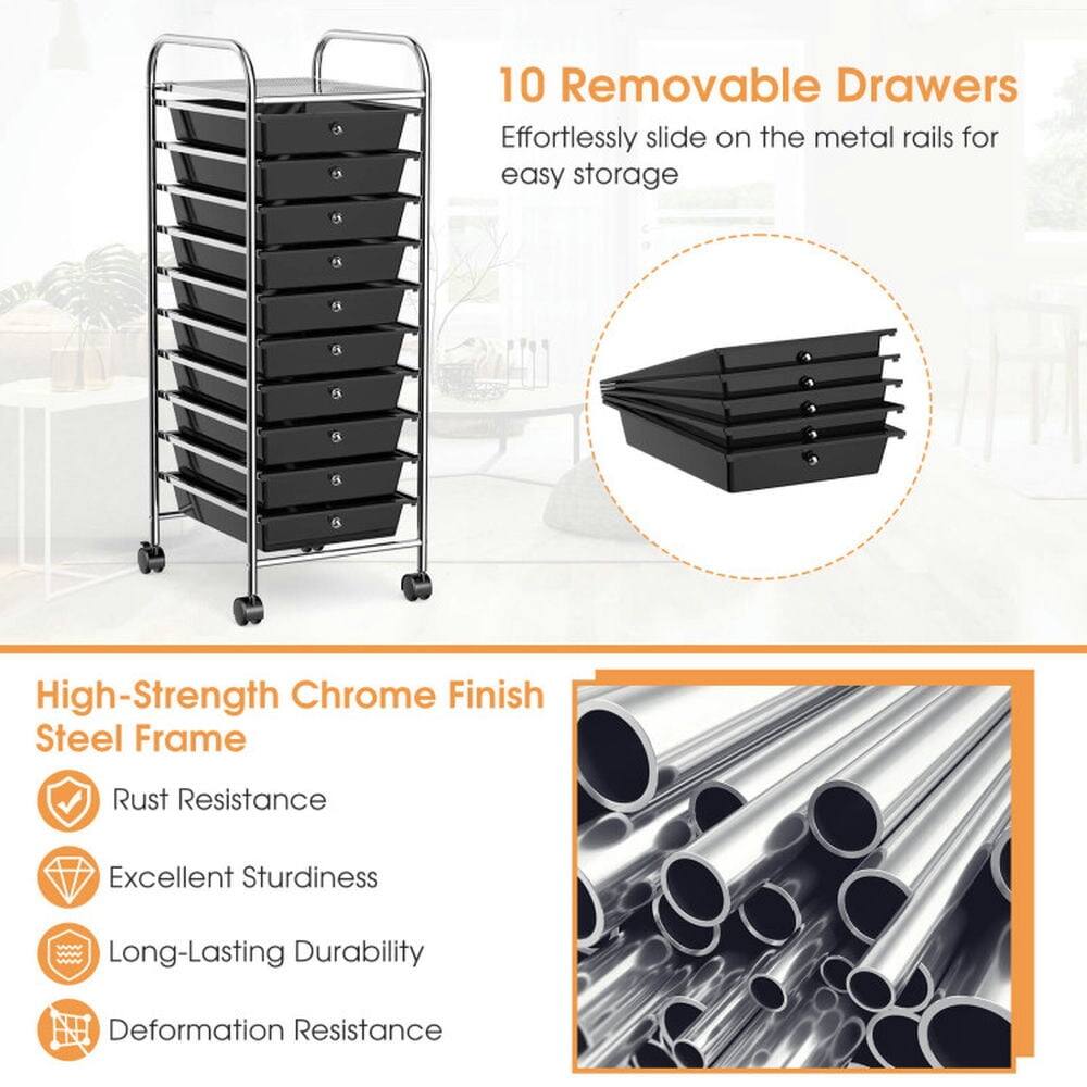 10 Removable Drawers  
Effortlessly slide on the metal rails for easy storage  

High-Strength Chrome Finish Steel Frame  
- Rust Resistance  
- Excellent Sturdiness  
- Long-Lasting Durability  
- Deformation Resistance