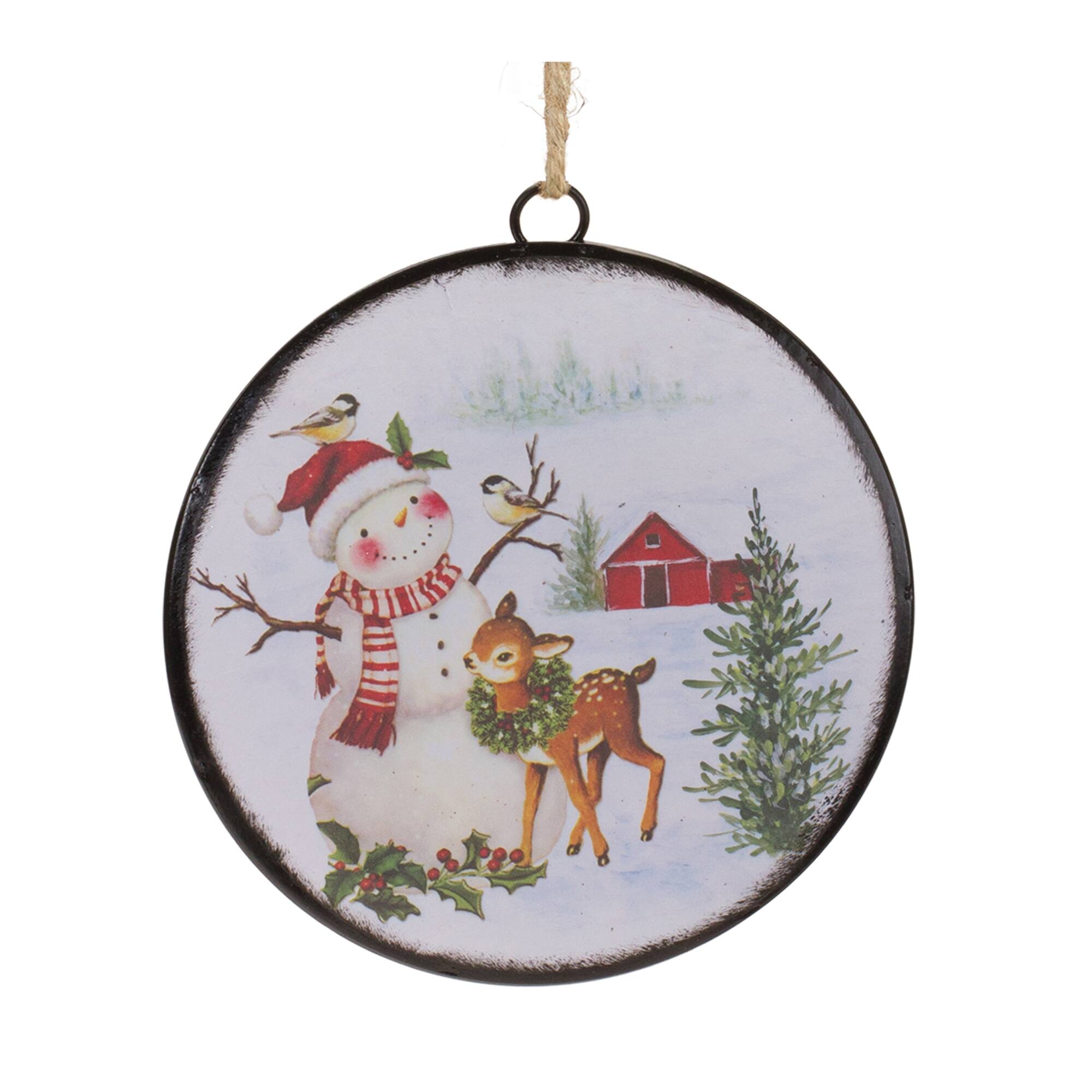 Back. BreeBe - Woodland Snowman Disc Ornament (Set of 12) - White, Red, Green.