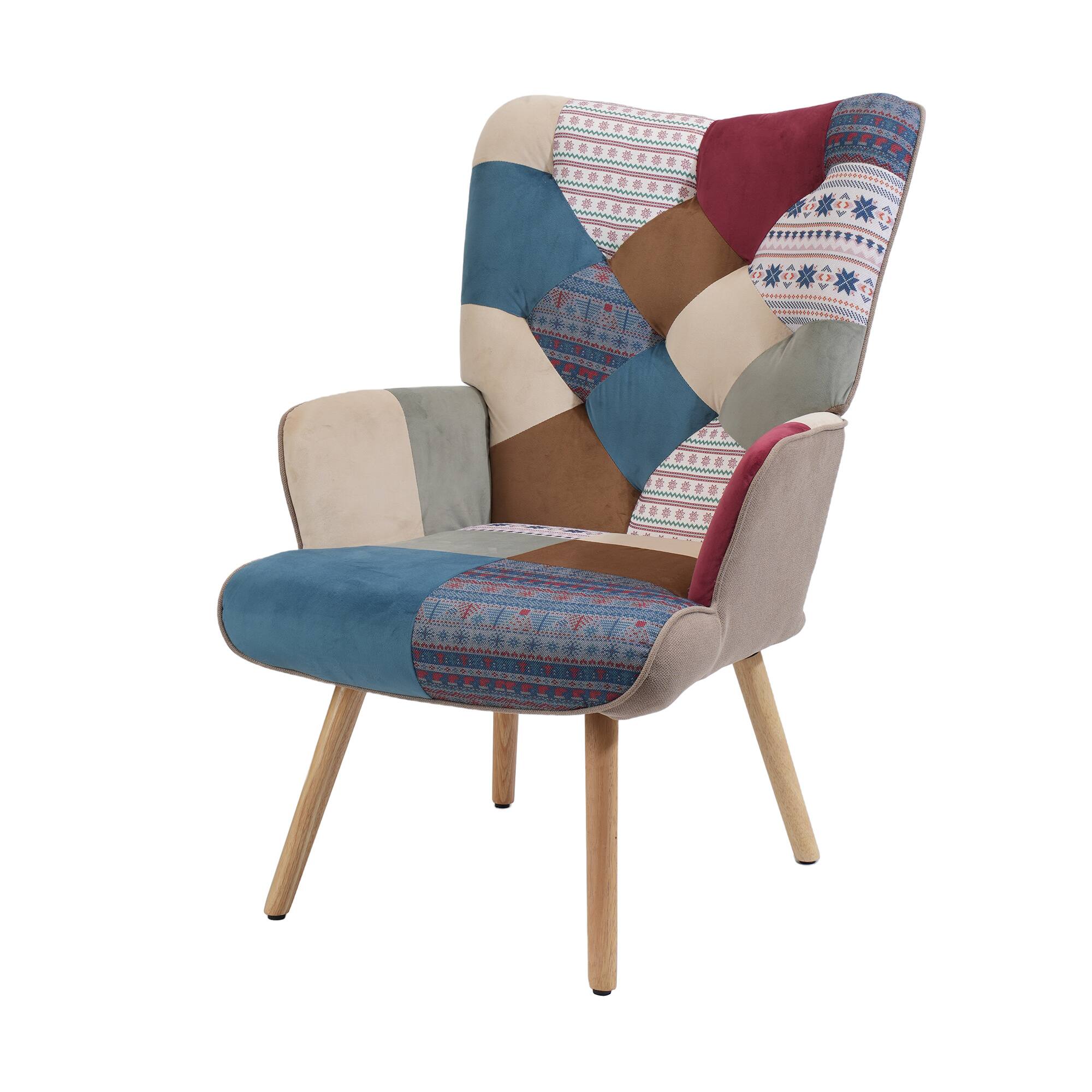 Angle. FERPIT - FERPIT Patchwork Upholstered Wingback Accent Chair with Rubberwood Legs, Striped Navy Patchwork - Striped Navy Patchwork.