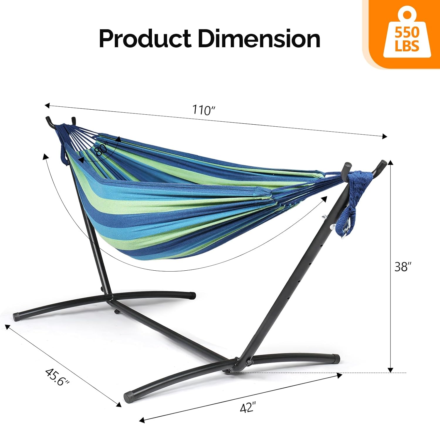 Product Dimension  
550 LBS  
110" x 38" x 45.6" x 42"
