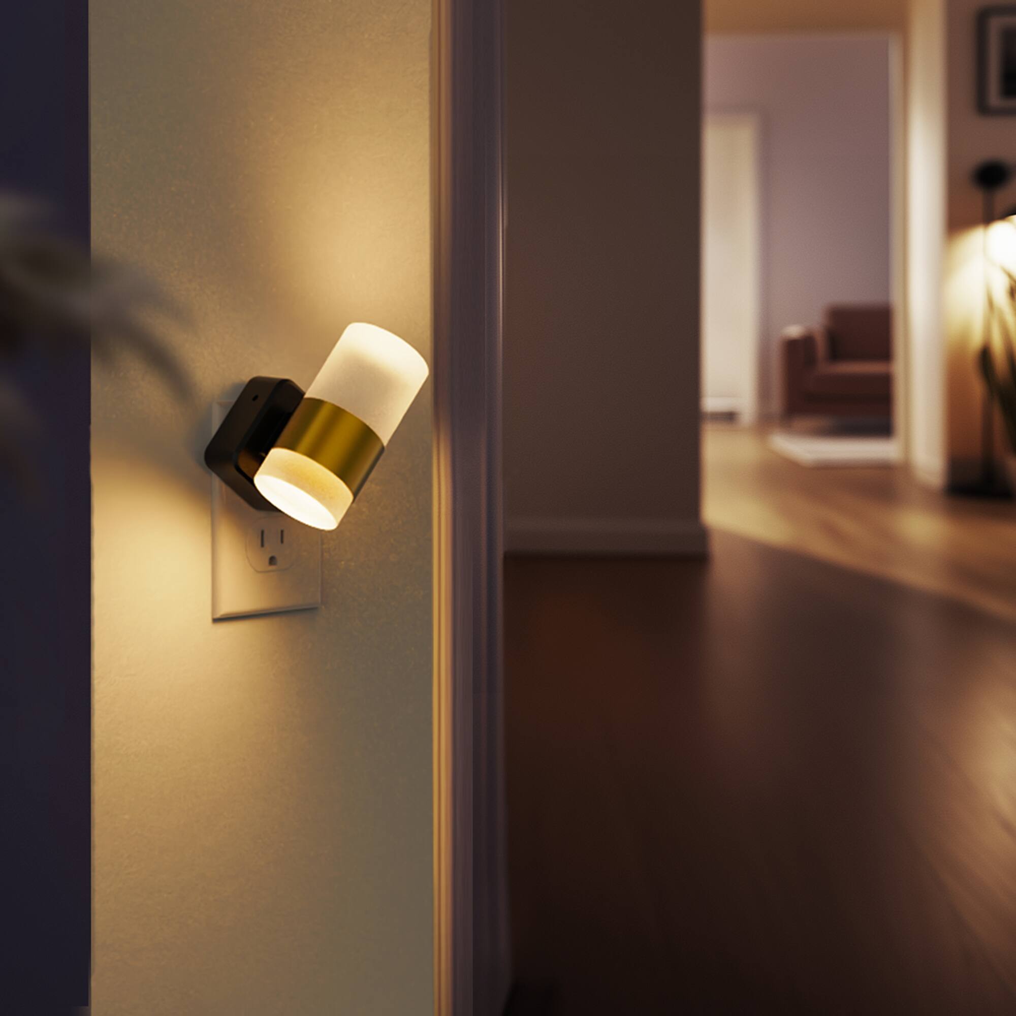 Alt View 3. Jandcase - JANDCASE 1W Plug-in Night Light, 3000K Warm Glow, Frosted Acrylic Cylinder with 5-Step Dimming, Memory, Dusk-to-Dawn - Black and Gold.