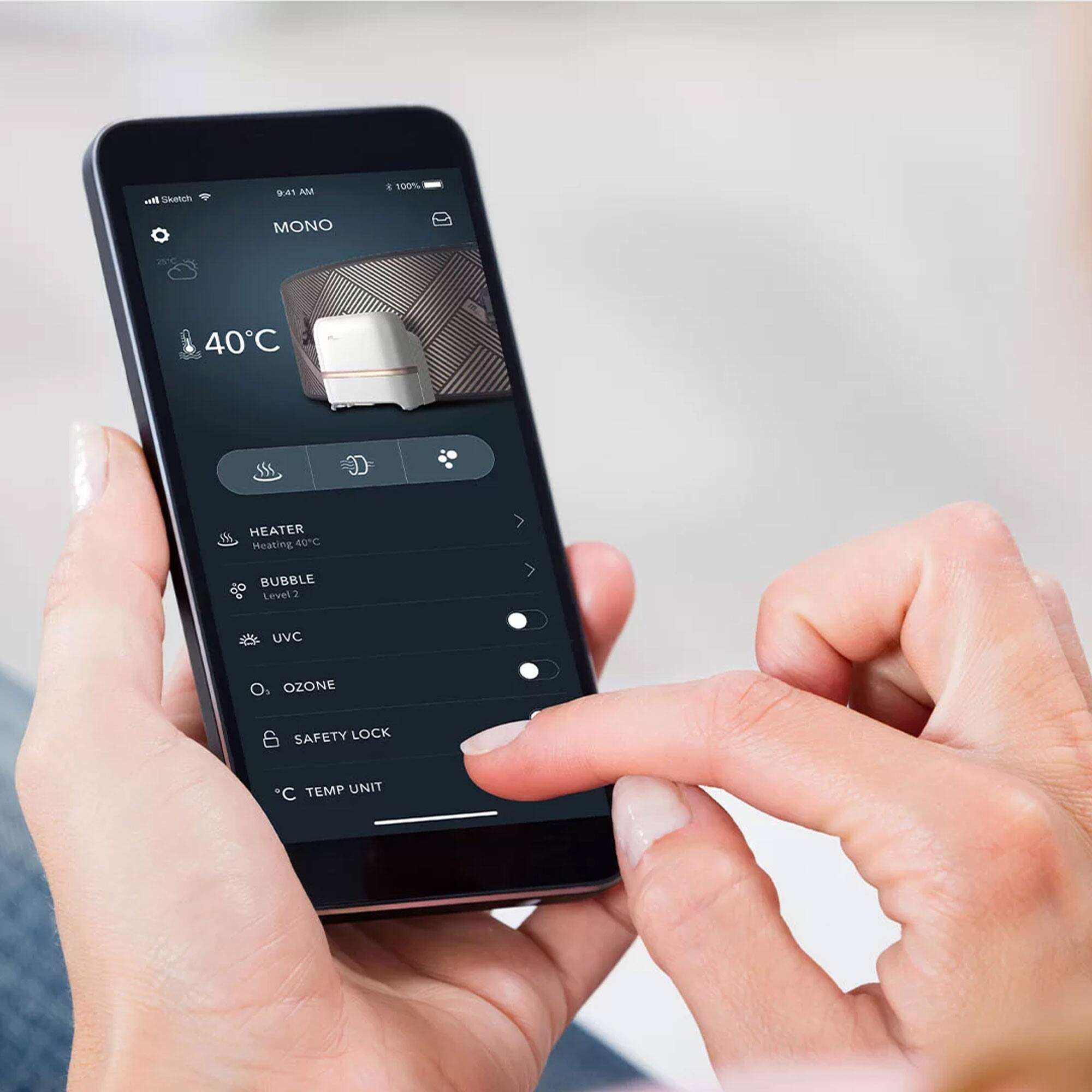 M Sketch 9:41 AM 100% MONO 40°C HEATER Heating 40°C BUBBLE Level 3 UVC OZONE SAFETY LOCK TEMP UNIT