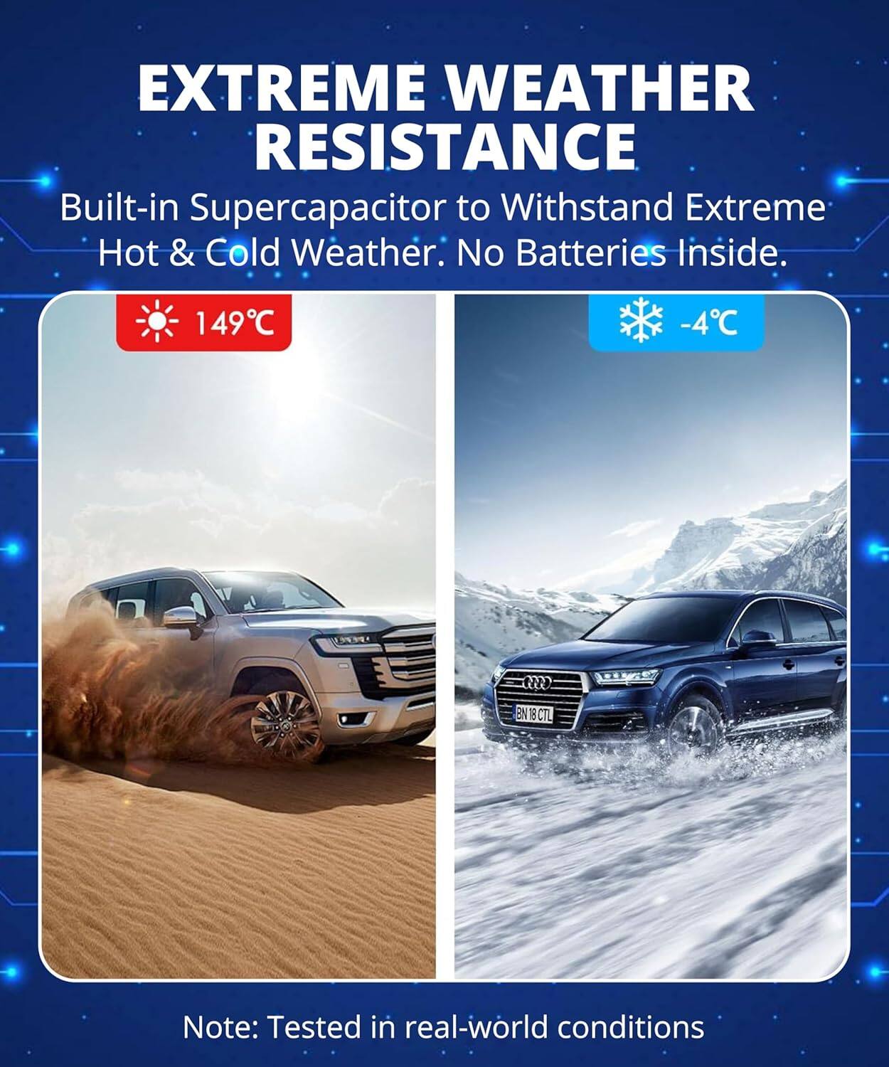 EXTREME WEATHER RESISTANCE  
Built-in Supercapacitor to Withstand Extreme Hot & Cold Weather. No Batteries Inside.  
149°C -4°C  
EN18 CTL EN  
Note: Tested in real-world conditions