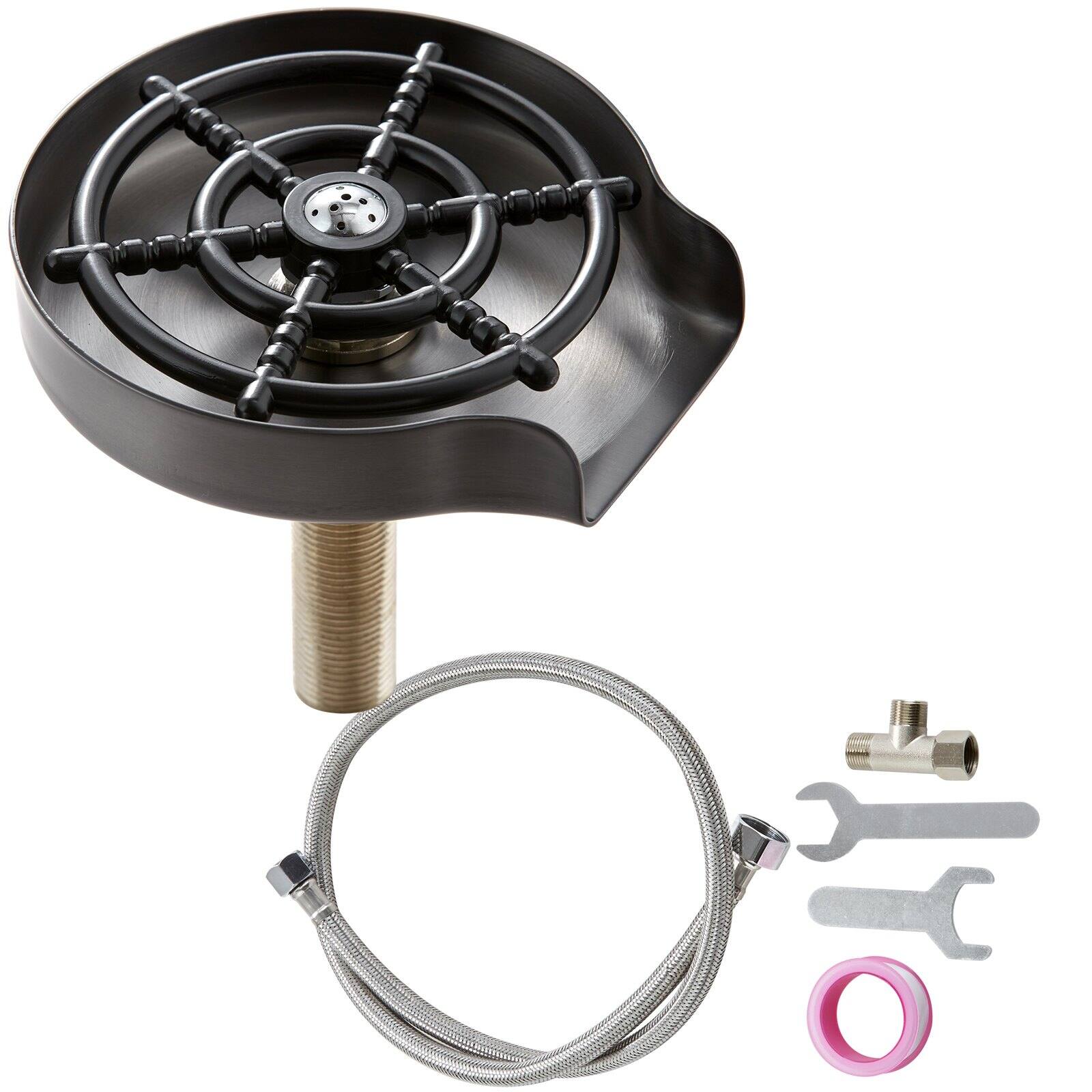 Glintex - Glass Rinser with 10 Jets 360° Rotating Cup Washer 304 Stainless Steel Sink Bottle Rinser (Silver Grey Base) - Black