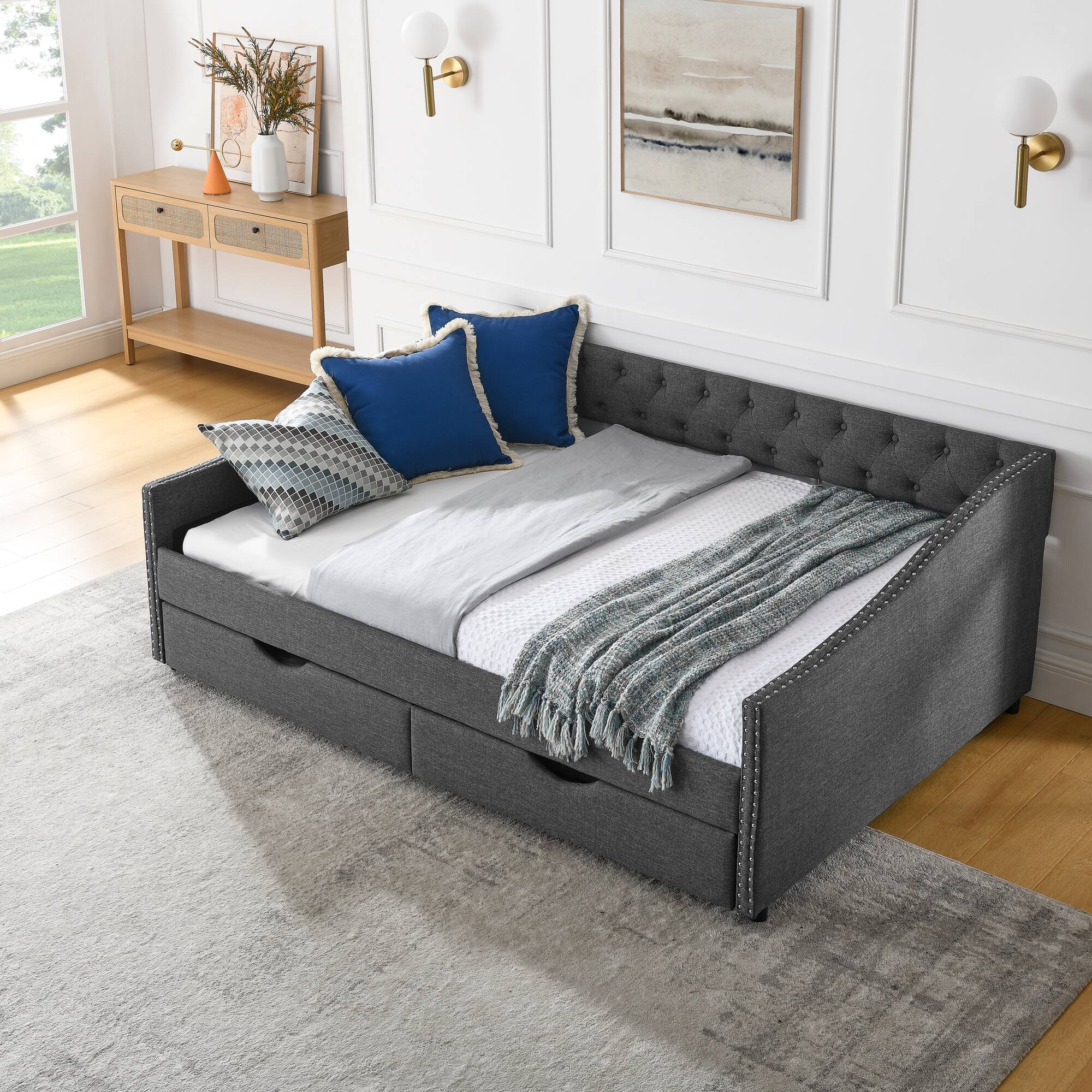 Left. Tiramisubest - Full Size Daybed with Drawers Upholstered Tufted Sofa Bed, (80.5''x55.5''x27.5'') - DARK GREY.