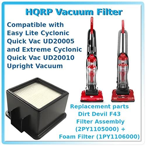 HQRP Vacuum Filter  
Compatible with Easy Lite Cyclonic Quick Vac UD20005 and Extreme Cyclonic Quick Vac UD20010 Upright Vacuum  
Replacement parts:  
Dirt Devil F43 Filter Assembly (2PY1105000) + Foam Filter (1PY1106000)
