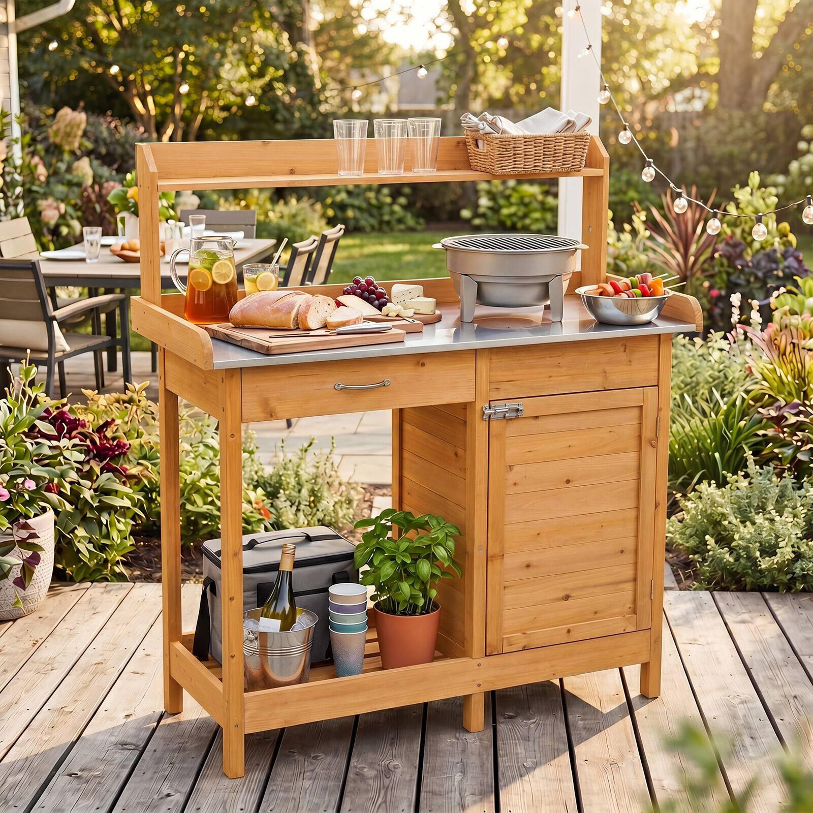 Alt View 3. Costway - Outdoor Potting Bench Garden Wooden Work Station Metal Tabletop Cabinet Drawer - Natural.