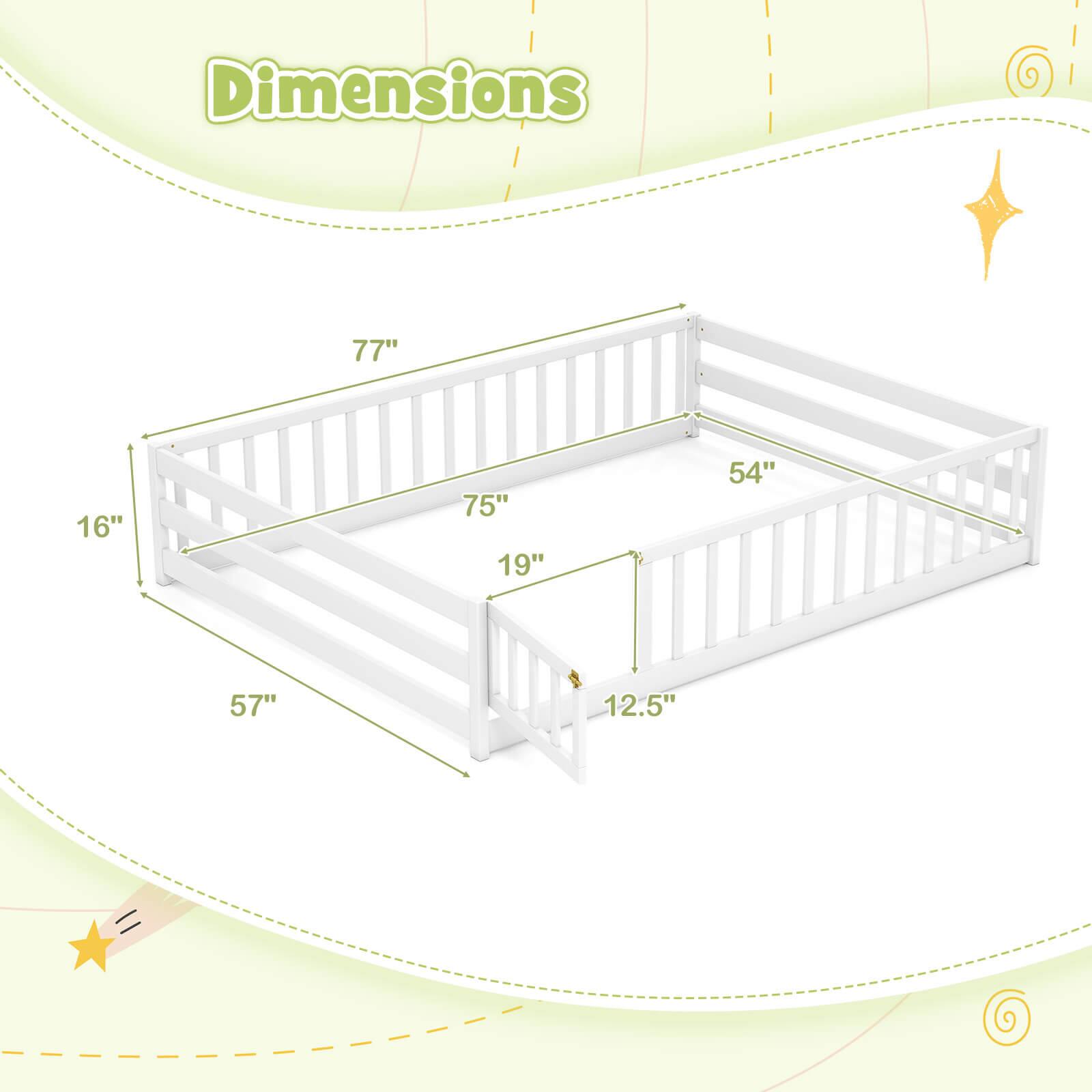 Dimensions:  
- Length: 77"  
- Width: 54"  
- Height: 57"  
- Side Rail Height: 19"  
- Front Rail Height: 16"  
- Bottom Rail Height: 12.5"