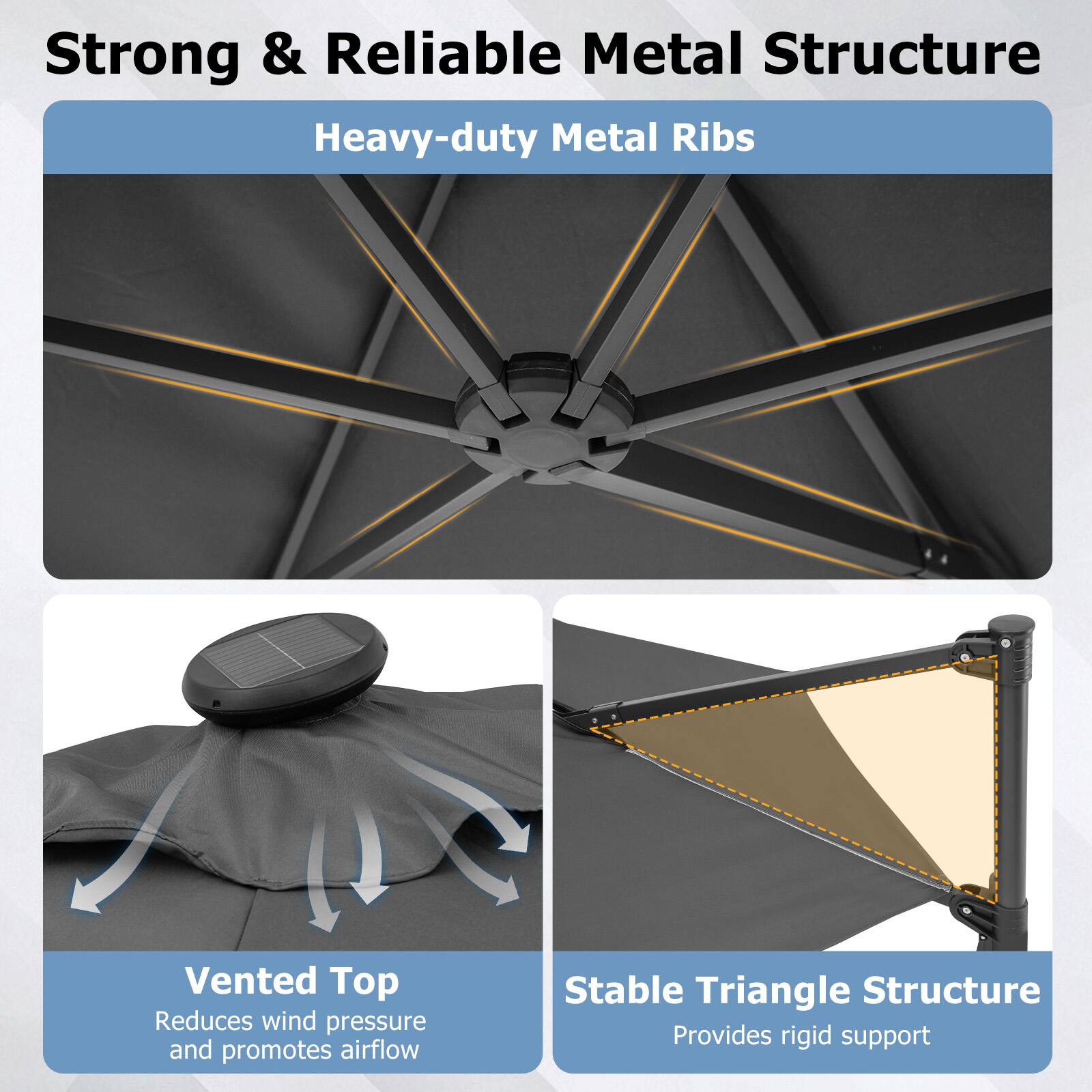 Strong & Reliable Metal Structure  
Heavy-duty Metal Ribs  

Vented Top  
Reduces wind pressure and promotes airflow  

Stable Triangle Structure  
Provides rigid support