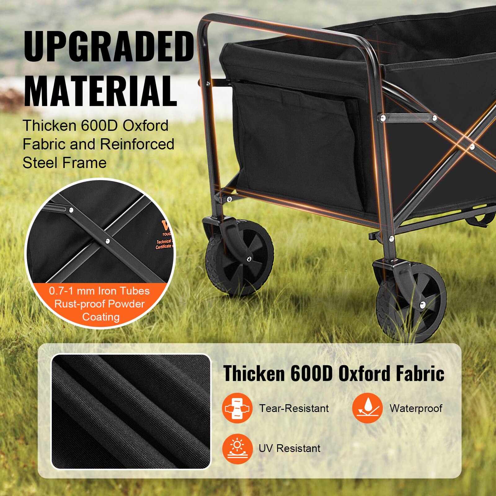 UPGRADED MATERIAL
Thicken 600D Oxford Fabric and Reinforced Steel Frame
0.7-1 mm Iron Tubes Rust-proof Powder Coating
Thicken 600D Oxford Fabric
Tear-Resistant
Waterproof
UV Resistant