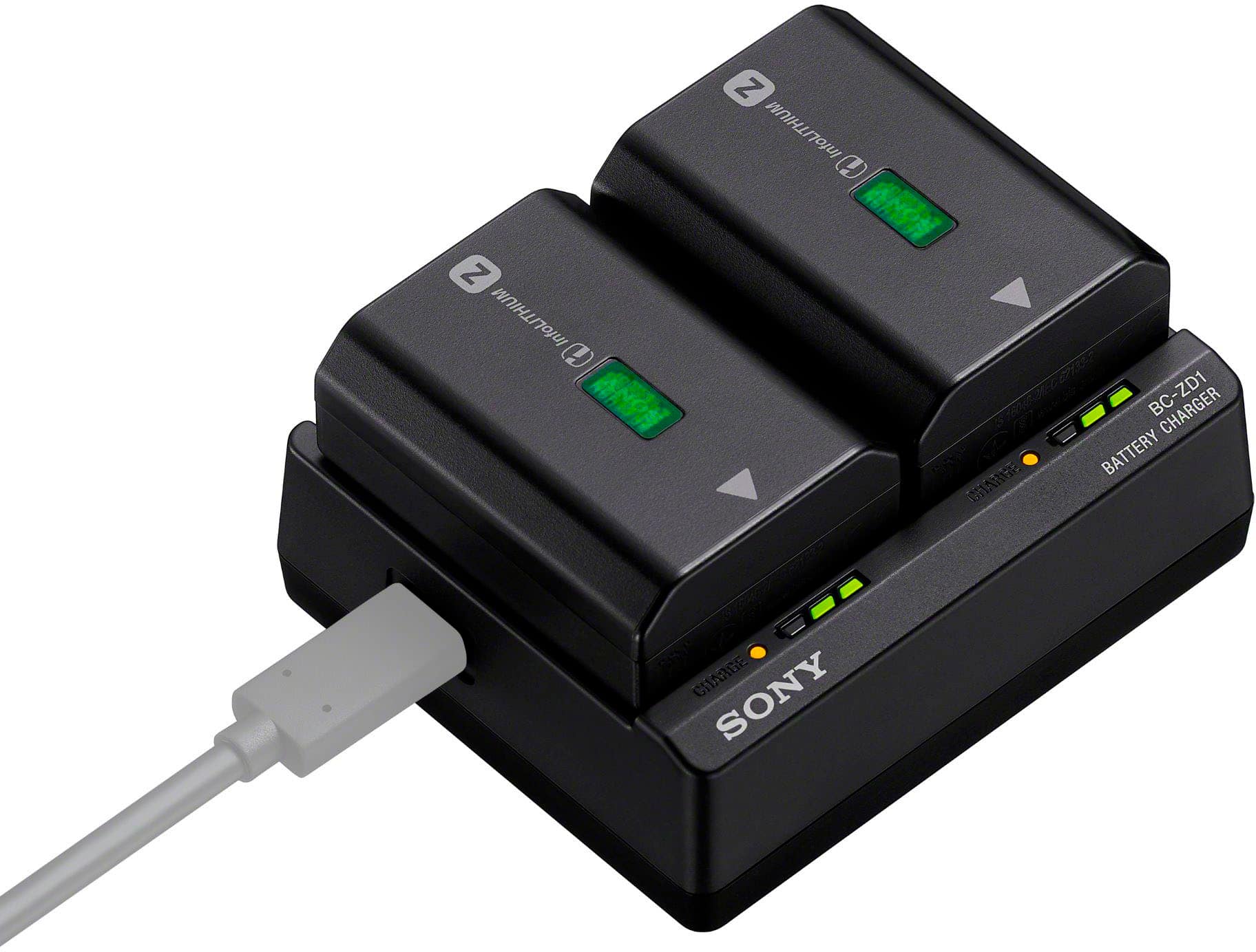 The text on the image reads "Z InfoLITHIUM H Z InfoLITHIUM W TRAR-CE3 CHARGER BATTERY CHARGE SONY." This text is describing a charger for a Sony device. The charger is designed to charge the device's battery and is compatible with the Sony product.