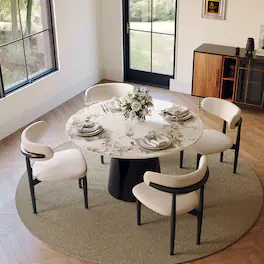 POVISON - 47" Modern Round Dining Table for 4, Glossy Pandora Sintered Stone Round Dining Table, Solid Black Carbon Steel Base - Pandora & Black Steel Base