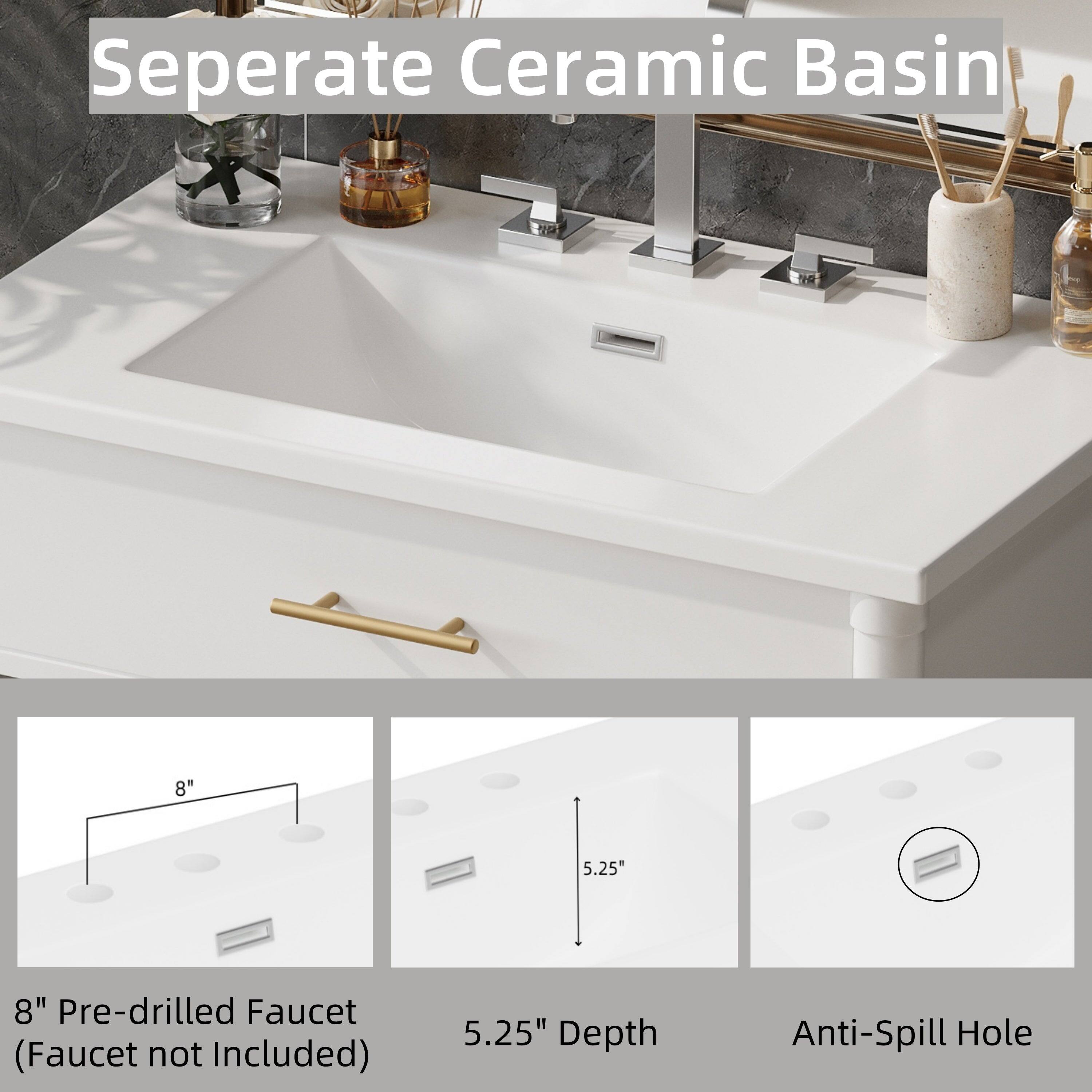 Seperate Ceramic Basin

8" Pre-drilled Faucet (Faucet not Included)

5.25" Depth

Anti-Spill Hole