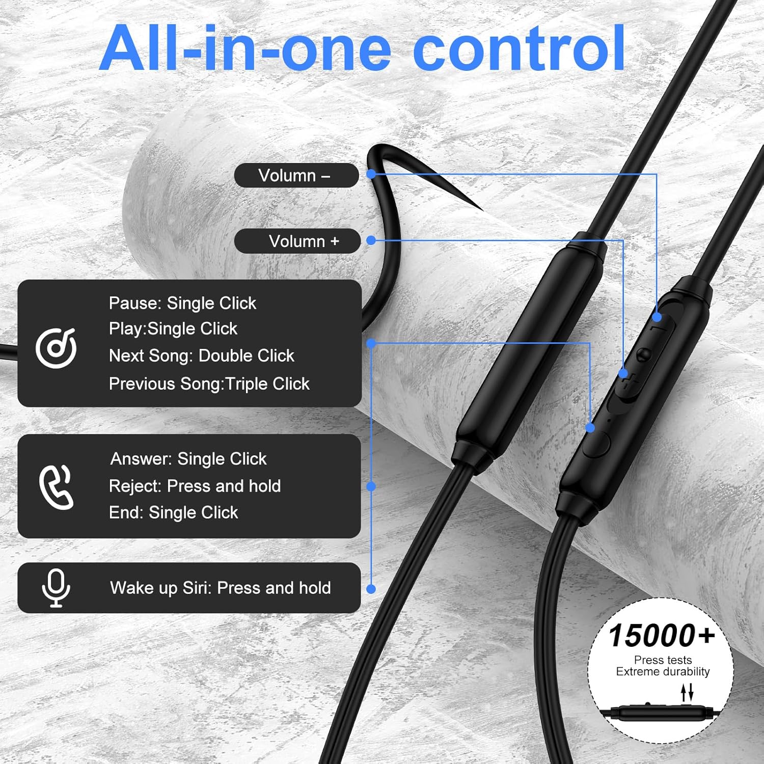 All-in-one control

Volume -  
Volume +  

Pause: Single Click  
Play: Single Click  
Next Song: Double Click  
Previous Song: Triple Click  

Answer: Single Click  
Reject: Press and hold  
End: Single Click  

Wake up Siri: Press and hold  

15000+ Press tests  
Extreme durability