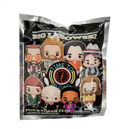 Sure, here is the corrected and grouped text from the image:
---
**BIG LEBOWSKI**
**TIME TO BOWY**
**FIGURAL BAG CLIP**
**CONTAINS ONE FIGURAL BAG CLIP**
**WARNING: CHOKING HAZARD - Small parts. Not for children under 3 years.**
---
This text is arranged as it appears on the packaging.