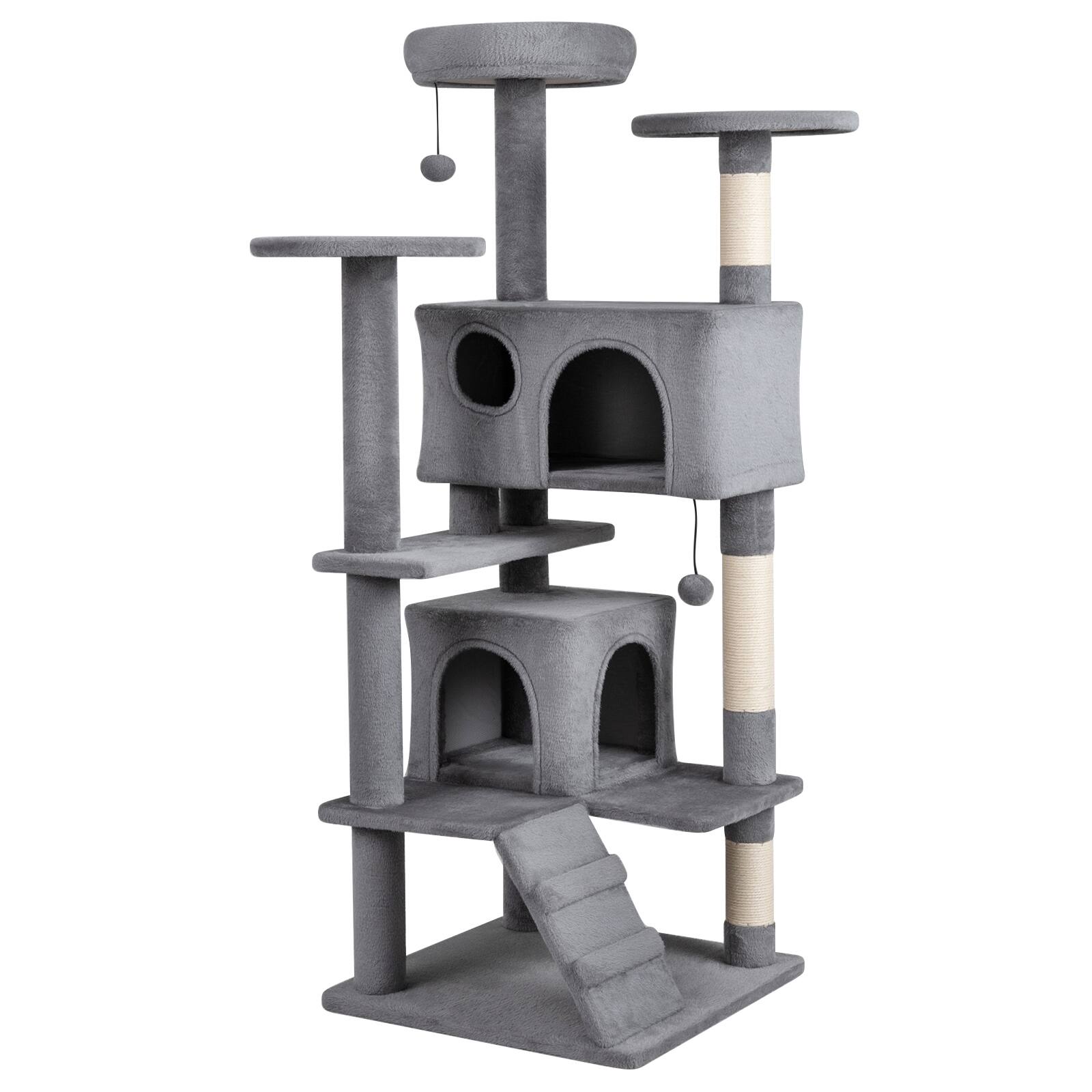 Alt View 9. Gymax - Gymax 52'' Tall Cat Tree Tower w/2 Condos Plush Padded Perch Sisal Scratching Posts Dark Gray.